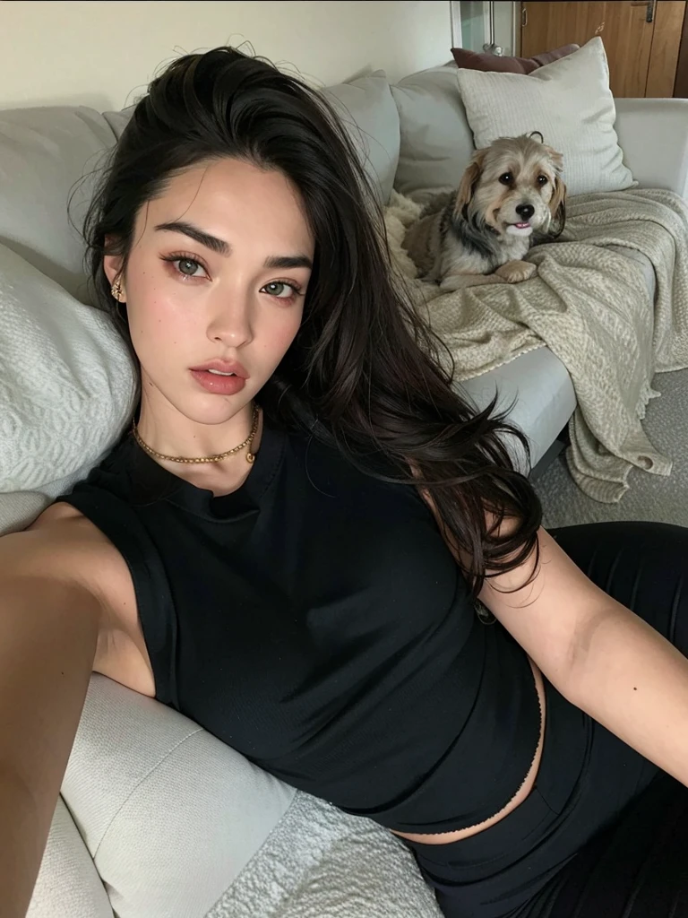 Arafed woman lying on a sofa with a dog in the background., cerveza madison, violeta myers, modelo de instagram, Dua Lipa, julia sarda, foto de la bella gal gadot, imagen filtrada, Retrato de Sophie Mudd, Megan Fox, Ana de Armas, cerveza madison girl portrait, mirada sexy, Megan Fox as beautiful mountains, still of Megan Fox