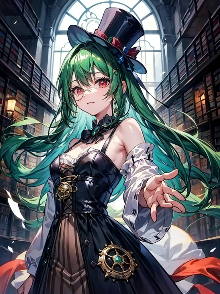 (((masterpiece、Highest image quality、highest quality、highly detailed unity 8kwallpaper)))、((Illustration of one girl、upper body))、(((beautiful girl)))、(librarian)、(Emerald green hair、sidelocks:1.2、red eyes)、(((crazy smile)))、(((flat chest)))、(monocle)、pocket watch、(((Black top hat、Black tuxedo)))、great medieval library