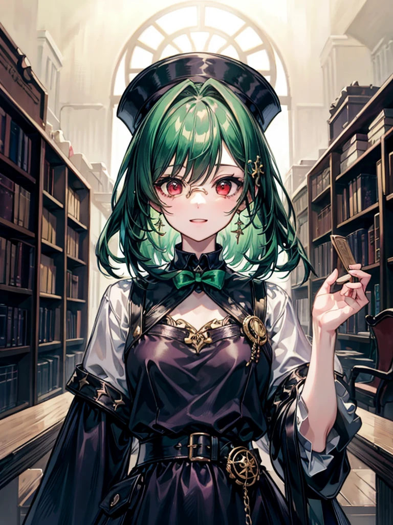 （（（masterpiece、Highest image quality、highest quality、highly detailed unity 8ｋwallpaper）））、（（Illustration of one girl、upper body））、（（（beautiful girl）））、（librarian）、（Emerald green hair、sidelocks：1.2、red eyes）、（（（crazy smile）））、（（（flat chest）））、（monocle）、pocket watch、（（（Black top hat、Black tuxedo）））、great medieval library
