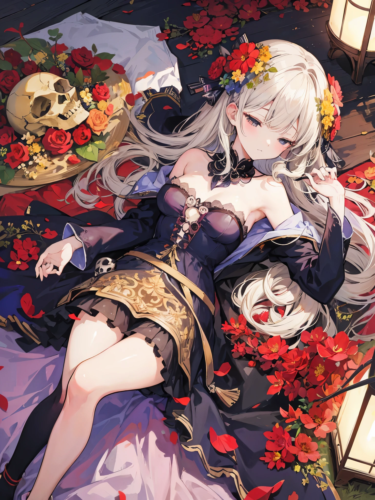 anime illustration high quality、masterpiece、Beautiful woman with skull and sleeping together。dried flower