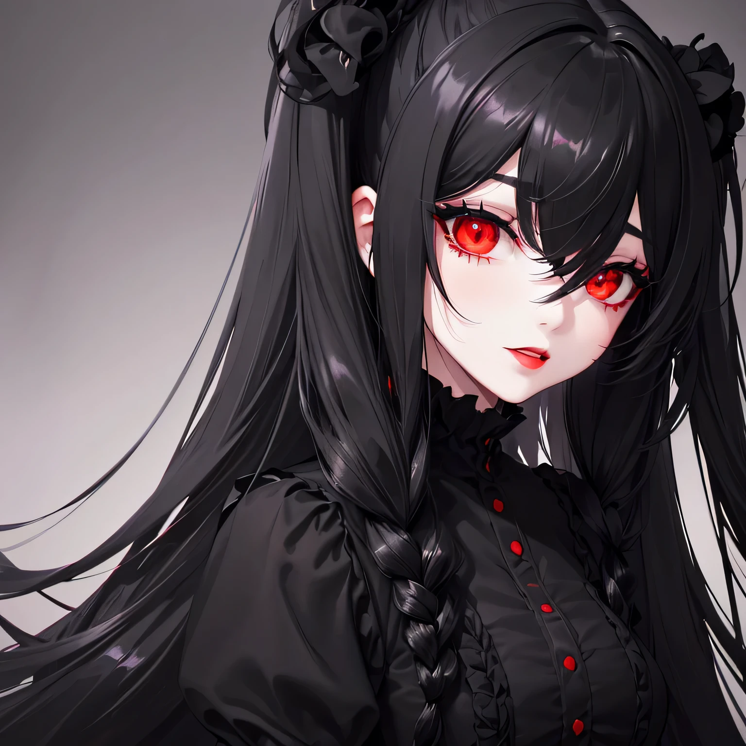 1 girl,Depp's Sense,confused,catch light,Super beautiful illustration,(black color,long hairstyles:1.6),dark dark eyeshadow,bright red lipstick,Gothic Lolita,Upper body,;d,beautiful and delicate hair,delicate and detailed red eyes,Red effect,mansion