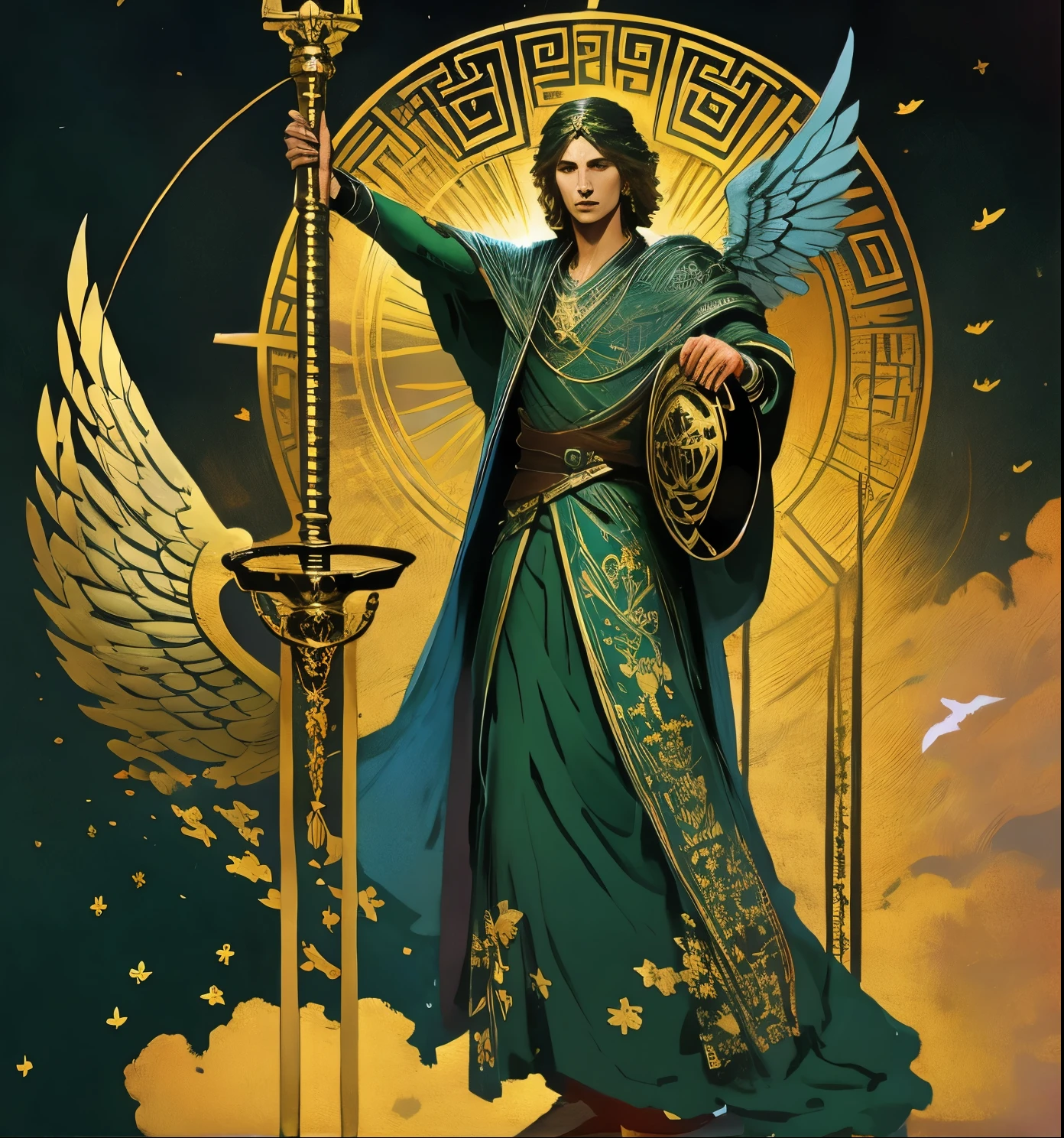 illustration of a man holding a scale with a winged figure, highly detailed exquisite fanart, detailed fanart, archangel michael, the justice tarot card, official fanart, greek myth digital painting, jen bartel, alphonse mucha and rossdraws, rossdraws global illumination, valentina remenar, digital art on pixi, only wearing robes and silk