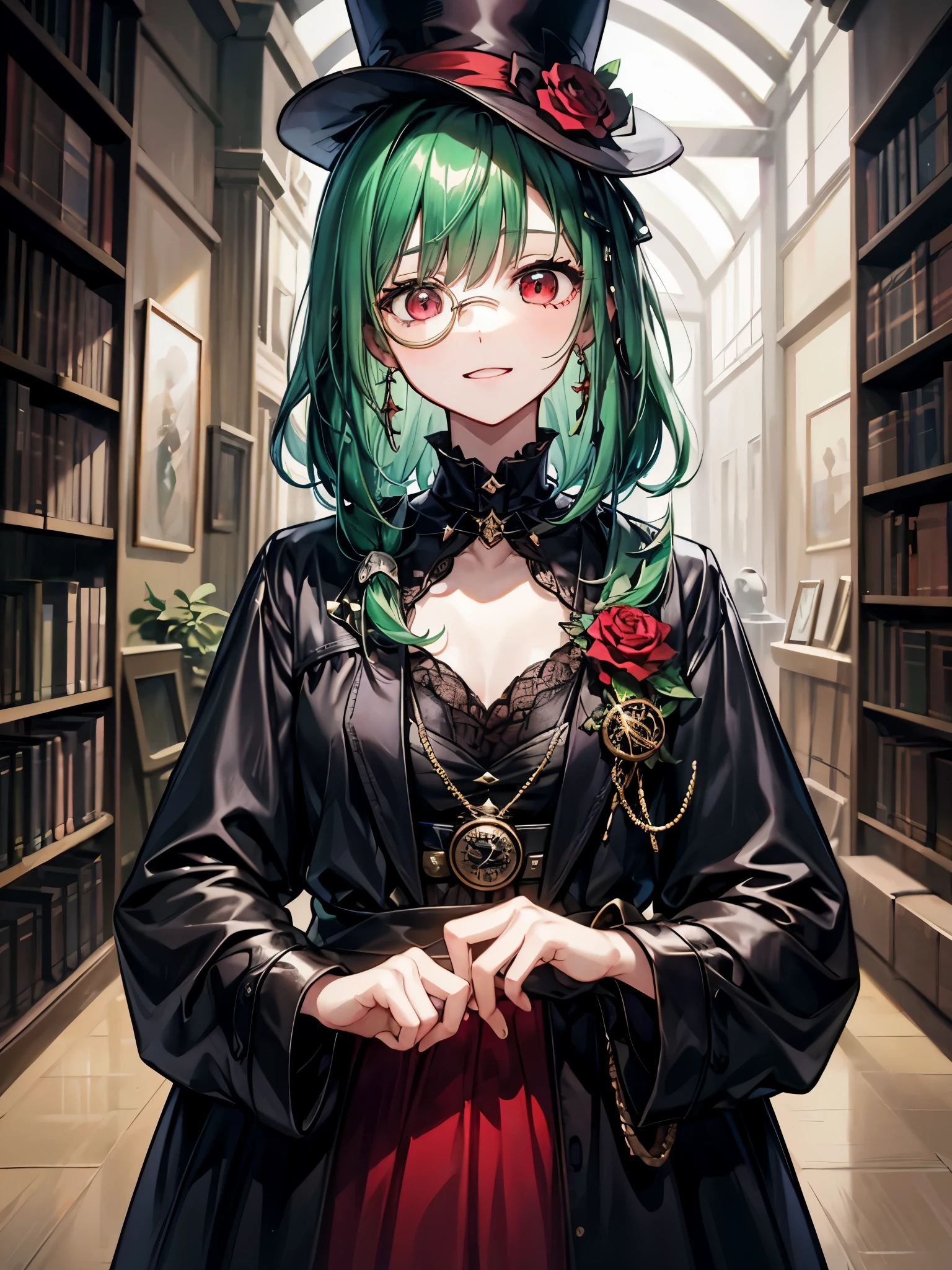 （（（masterpiece、Highest image quality、highest quality、highly detailed unity 8ｋwallpaper）））、（（Illustration of one girl、upper body））、（（（beautiful girl）））、（librarian）、（Emerald green hair、sidelocks：1.2、red eyes）、（（（crazy smile）））、（（（flat chest）））、（monocle）、pocket watch、（（（Black top hat、Black tuxedo）））、great medieval library