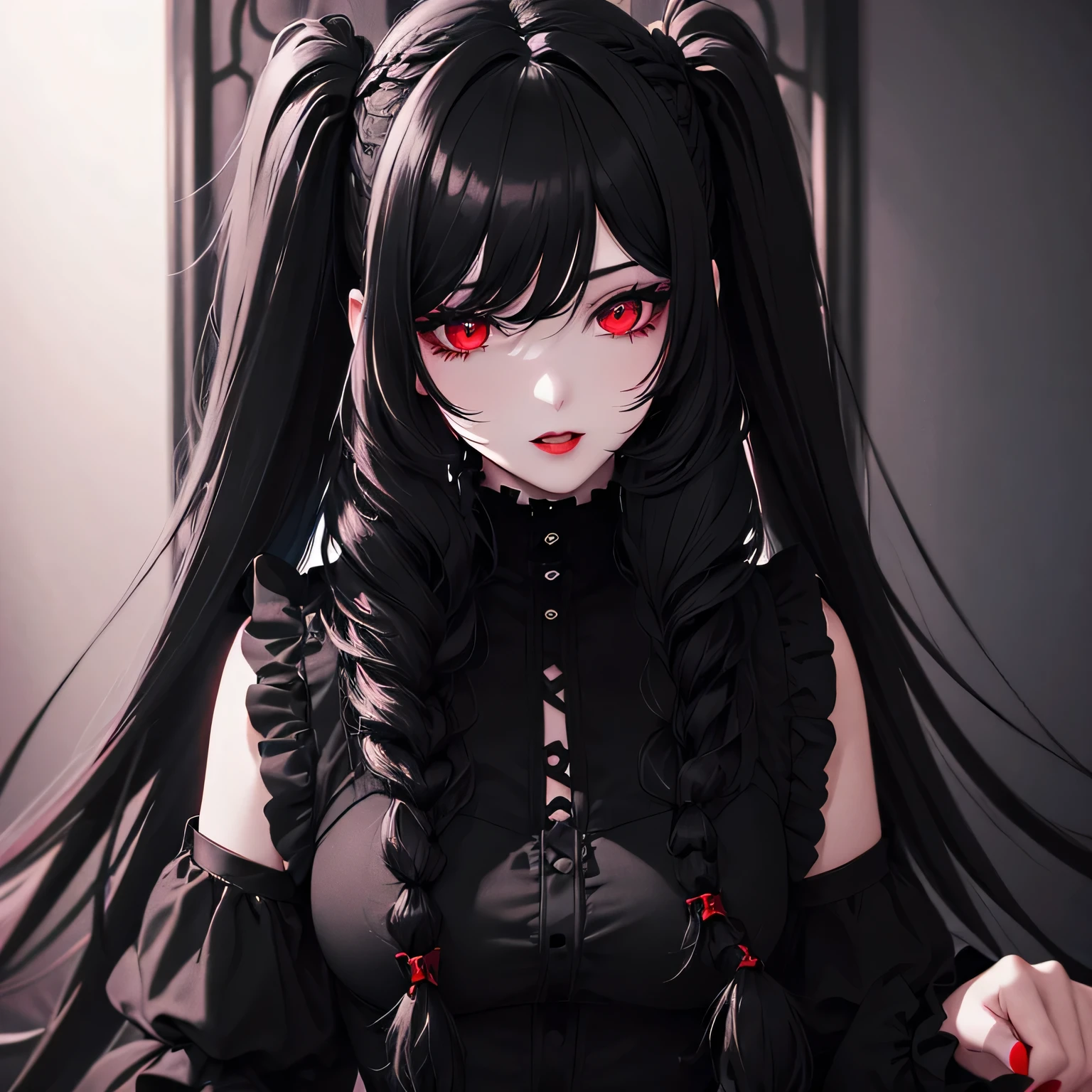 1 girl,Depp's Sense,confused,catch light,Super beautiful illustration,(black color,long hairstyles:1.6),dark dark eyeshadow,bright red lipstick,Gothic ta,Upper body,;d,beautiful and delicate hair,delicate and detailed red eyes,Red effect,mansion