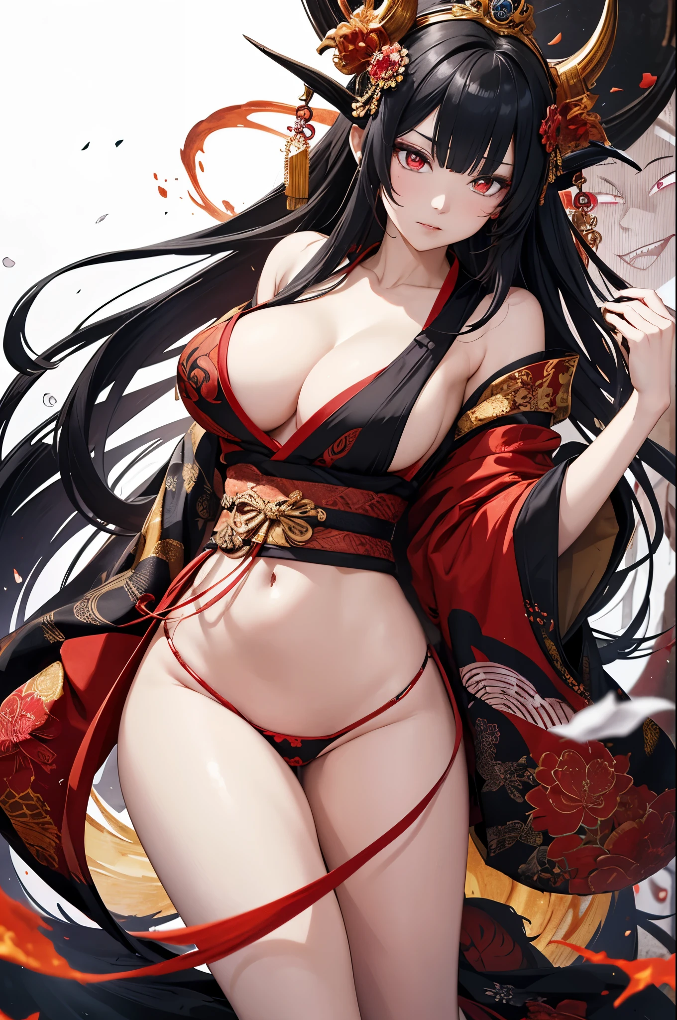 A digital illustration combining the serenity of a nude Hindu goddess with the malevolence of Japanese demonic yokai spirits embodying chaotic evil. The color palette is primarily monochromatic with bursts of vibrant, unnatural colors that signify the presence of the yokai spirit The figure has her ornate crown, indicative of divine status, merged with sinister elements such as horns or jagged edges associated with yokai. Her eyes have a wild, menacing look, with the glitch effect across them intensifying into chaotic digital patterns that suggest a loss of control or malevolent intent. Sharp fangs protrude from her mouth, and her hair is tangled and wild, suggesting a departure from her divine composure. The background incorporates both the precise schematics of technical blueprints and the abstract, swirling patterns that evoke the unpredictable nature of yokai. .. A digital illustration in the style of a modern Japanese manga. The character is a young woman with large expressive eyes and short black hair, dressed in a vibrant red kimono adorned with intricate golden patterns. She is in a dynamic pose, with her red kimono flowing dramatically around her, revealing glimpses of armor underneath. The background is a complex array of mechanical parts and swirling lines, suggesting motion, with a color palette dominated by reds, golds, and touches of black and white. The overall aesthetic is highly detailed and stylized, with a sense of movement and intensity.