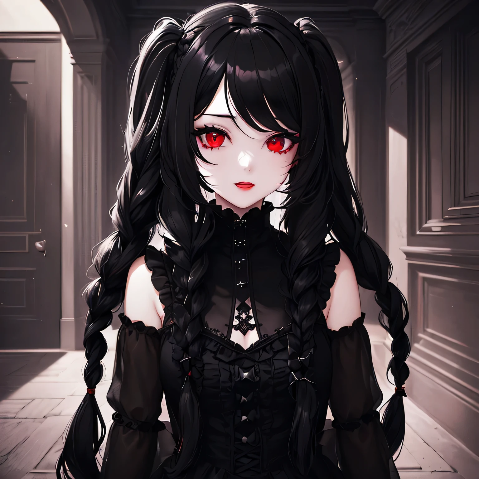 1 girl,Depp's Sense,confused,catch light,Super beautiful illustration,(black color,long hairstyles:1.6),dark dark eyeshadow,bright red lipstick,Gothic ta,Upper body,;d,beautiful and delicate hair,delicate and detailed red eyes,Red effect,mansion