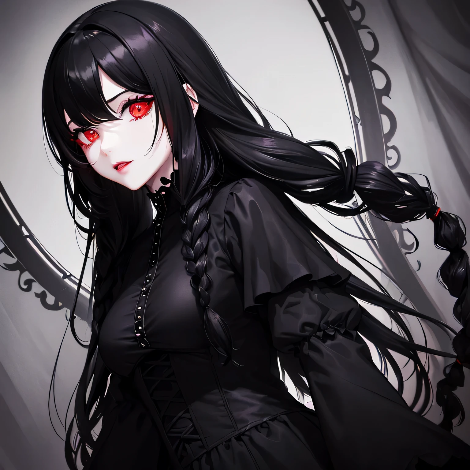 1 girl,Depp's Sense,confused,catch light,Super beautiful illustration,(black color,long hairstyles:1.6),dark dark eyeshadow,bright red lipstick,Gothic Lolita,Upper body,;d,beautiful and delicate hair,delicate and detailed red eyes,Red effect,mansion