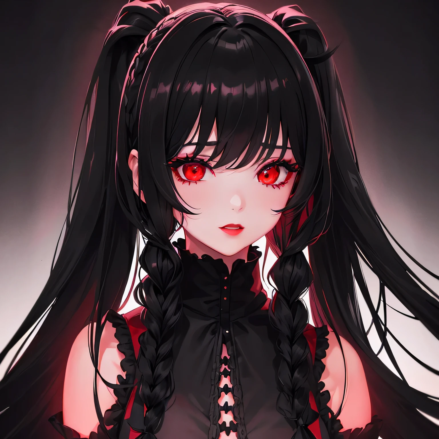 1 girl,Depp's Sense,confused,catch light,Super beautiful illustration,(black color,long hairstyles:1.6),dark dark eyeshadow,bright red lipstick,Gothic Lolita,Upper body,;d,beautiful and delicate hair,delicate and detailed red eyes,red light effect