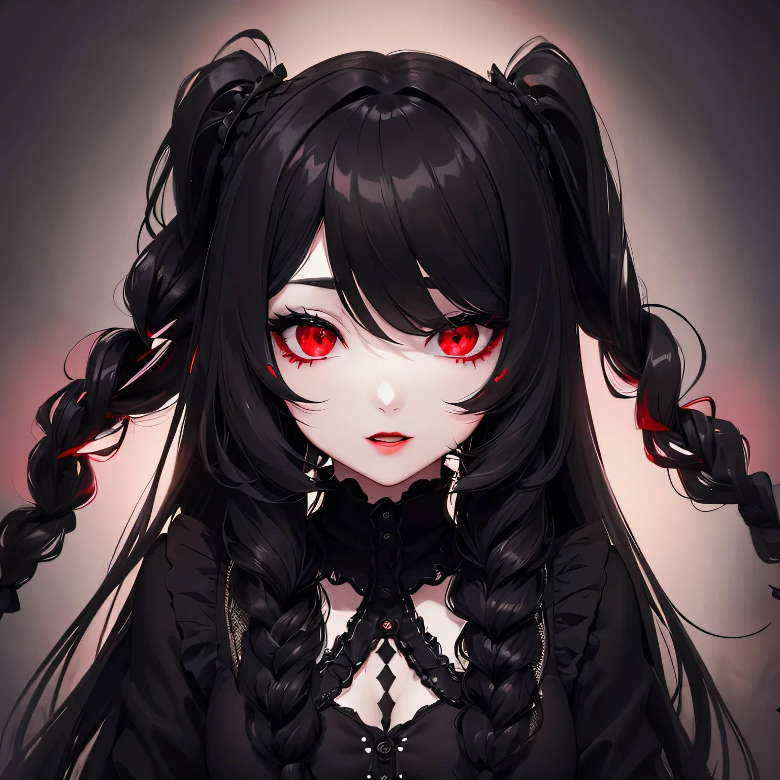 1 girl,Depp's Sense,confused,catch light,Super beautiful illustration,(black color,long hairstyles:1.6),dark dark eyeshadow,bright red lipstick,Gothic ta,Upper body,;d,beautiful and delicate hair,delicate and detailed red eyes,red light effect