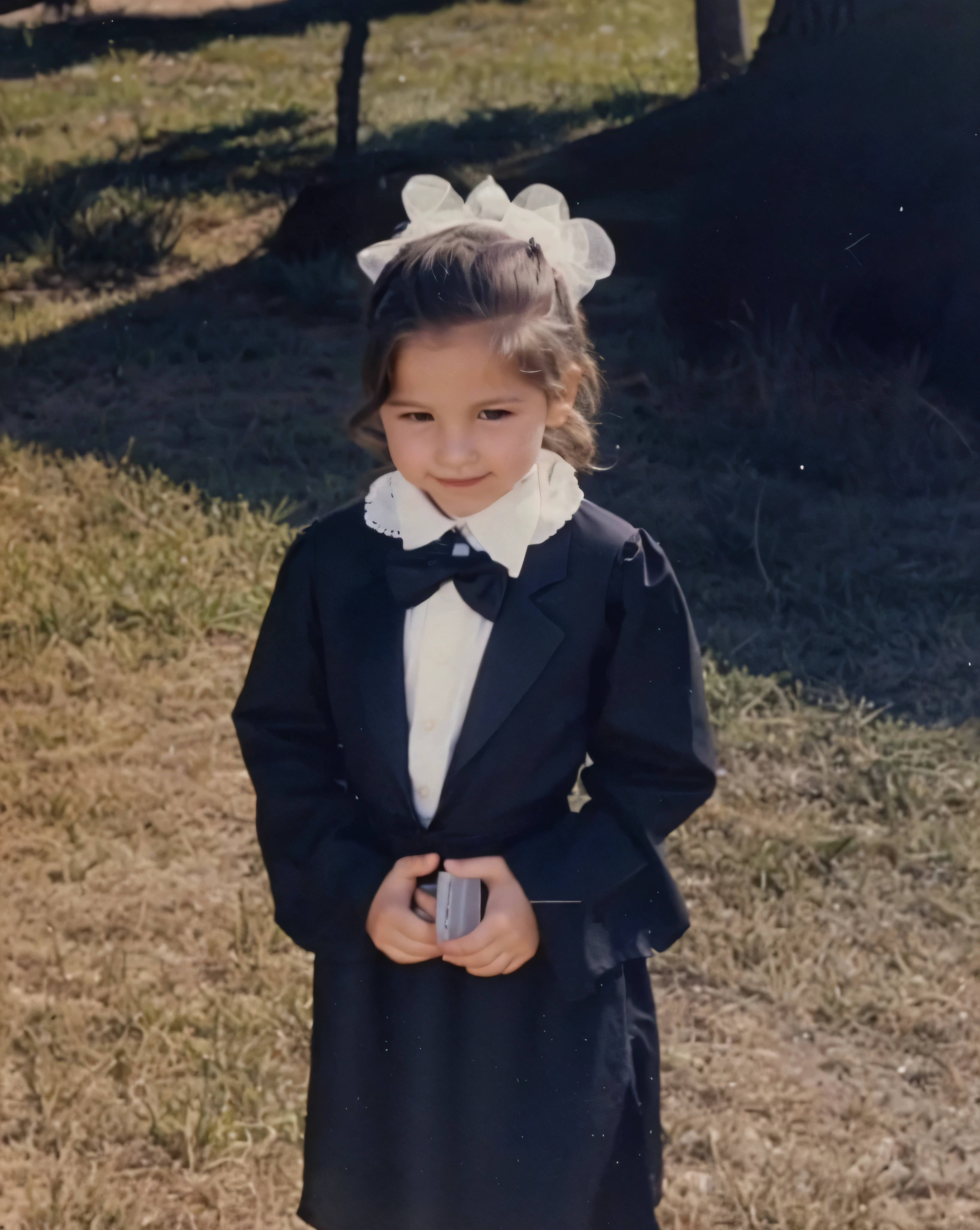 there is a young girl in a black dress and bow tie, four years old, profile picture, about 3 , 1 9 9 3, 1993, 1 9 9 0, 1990, 1992, 1 9 9 2, around 1 9 years old1994