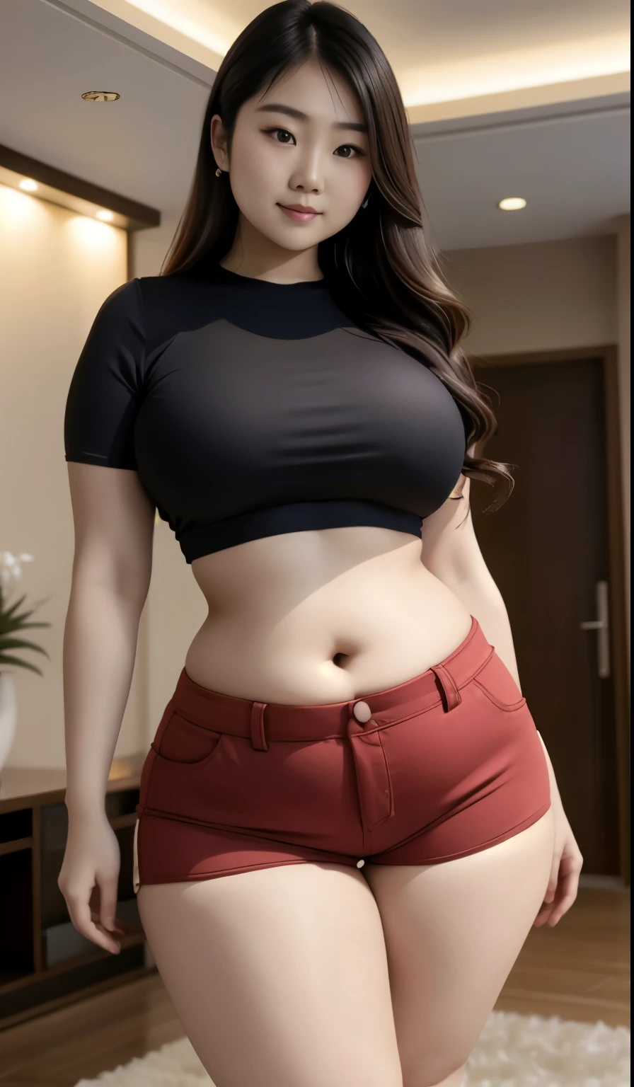 two asian women in tight shorts and a crop top posing for a picture, thicc, bbwchan, she has a jiggly fat round belly, skinny waist and thick hips, sie boob, widest hips, thick body, asian girl, half asian, korean girl, curvy model, her belly button is exposed, middle body shot, big stomach