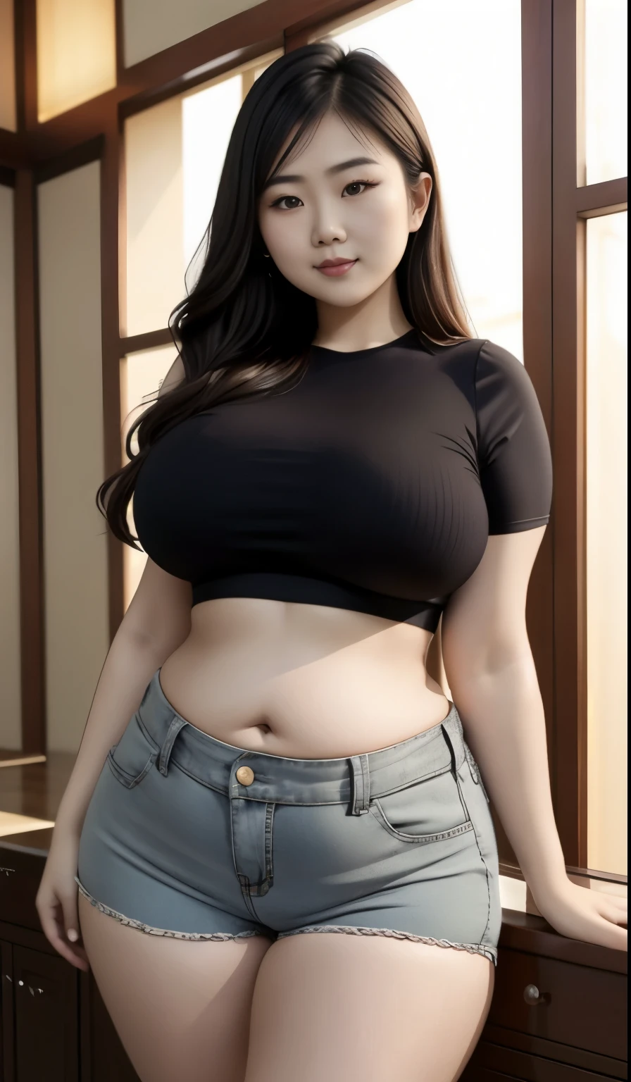 two asian women in tight shorts and a crop top posing for a picture, thicc, bbwchan, she has a jiggly fat round belly, skinny waist and thick , sie boob, widest , thick body, asian girl, half asian, korean girl, curvy model, her belly button is exposed, middle body shot, big stomach