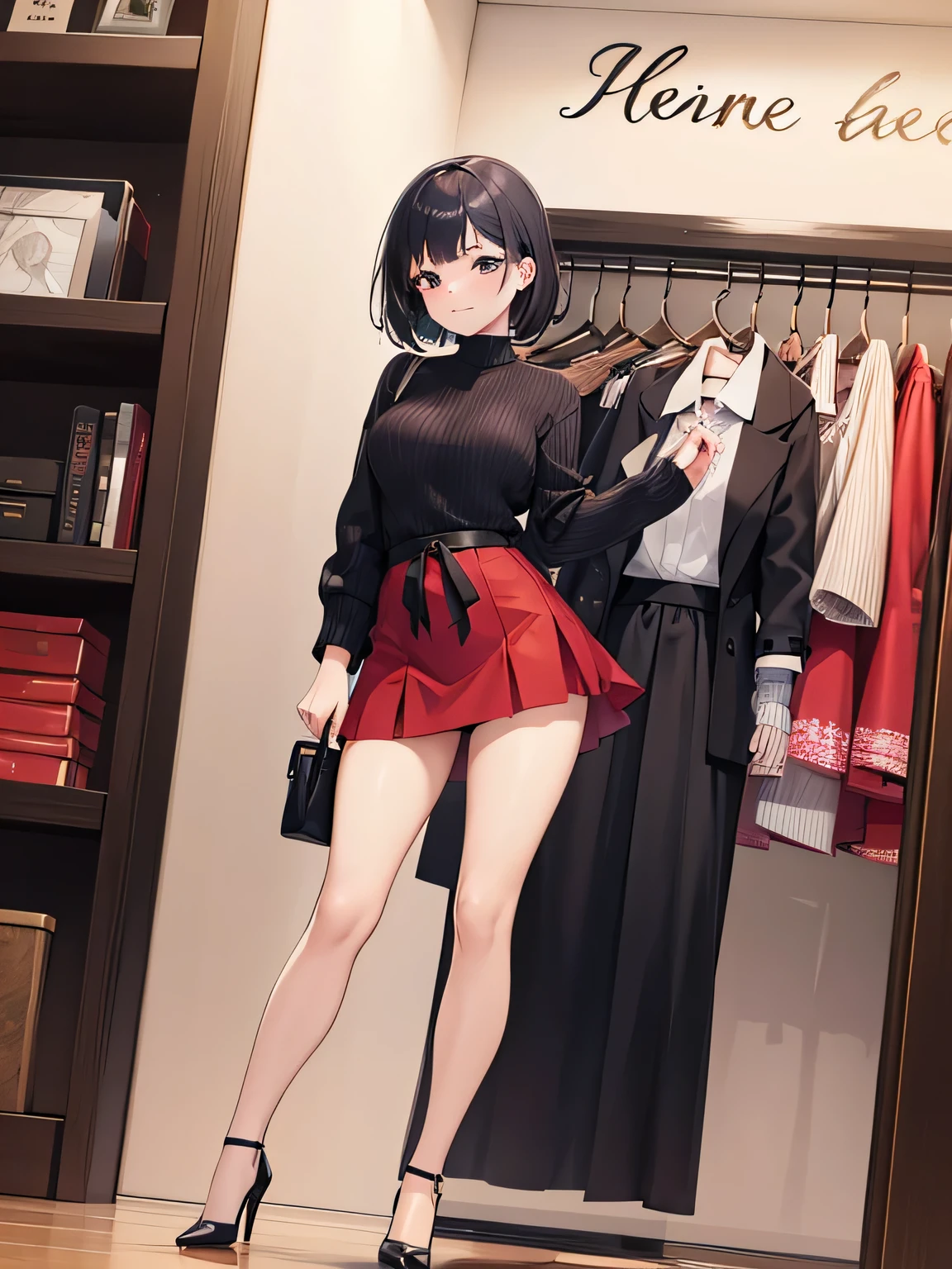 (2) That woman is pulling up her skirt all by herself..
(3) She wears a sexy knit and flared skirt and high heels。.
(4) Women don't wear stockings or socks.
(5) The place is a lingerie shop.