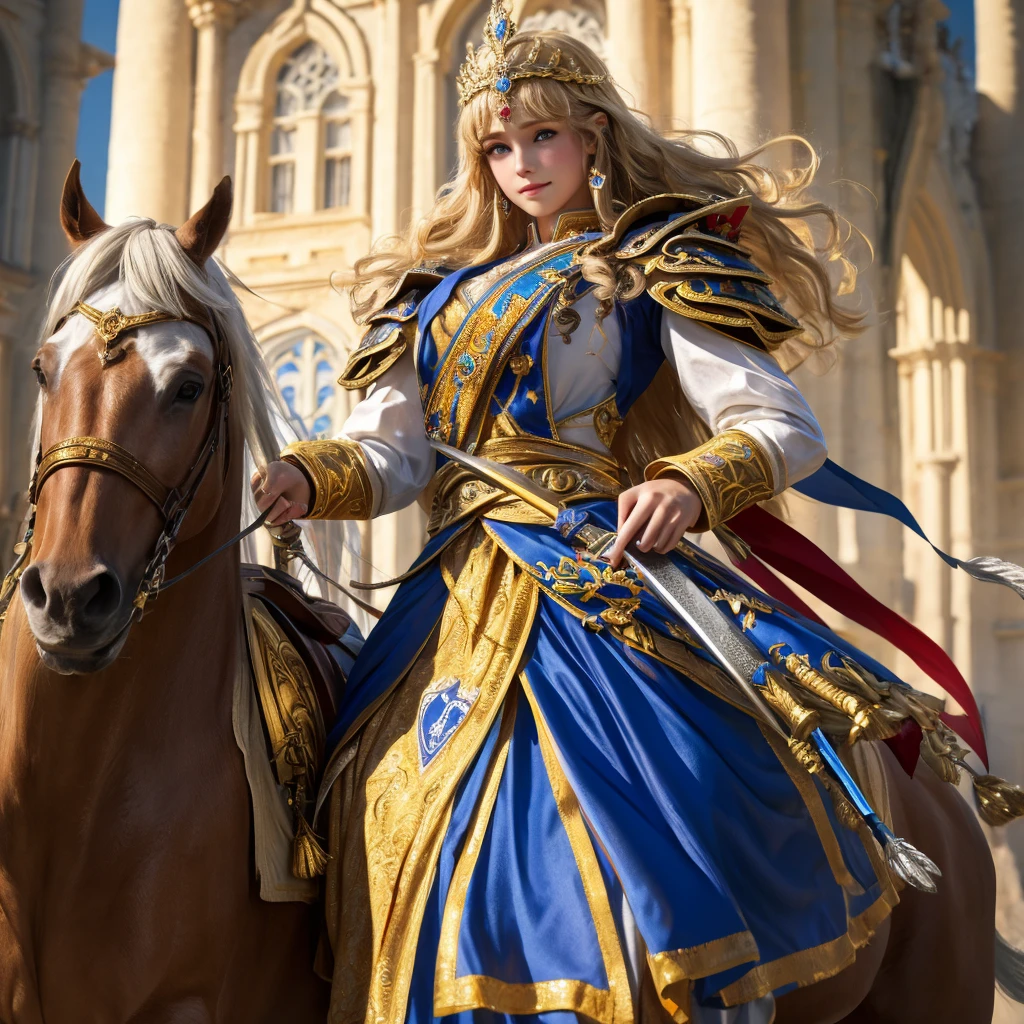 Texture:8k hdr,epic scene,Super detailed,dynamic poses,normal angle,depth of field,Soft focus,beautiful light,soft shadow figures:A sixteen-year-old royal girl,long golden hair,blue eyes,beautiful face,noble temperament,Wearing a gorgeous white shirt,The shirt is embroidered with a golden cross,Wearing a golden sword on his waist,She rides a tall white horse,for the audience,smiling,Show confidence and courage,Followed by a huge crusaders,Crusaders wearing French armor,Holding a bronze shield and a bronze sword,They held high the fleur-de-lis flag,They cheered in unison,Express your admiration and loyalty to the girl
