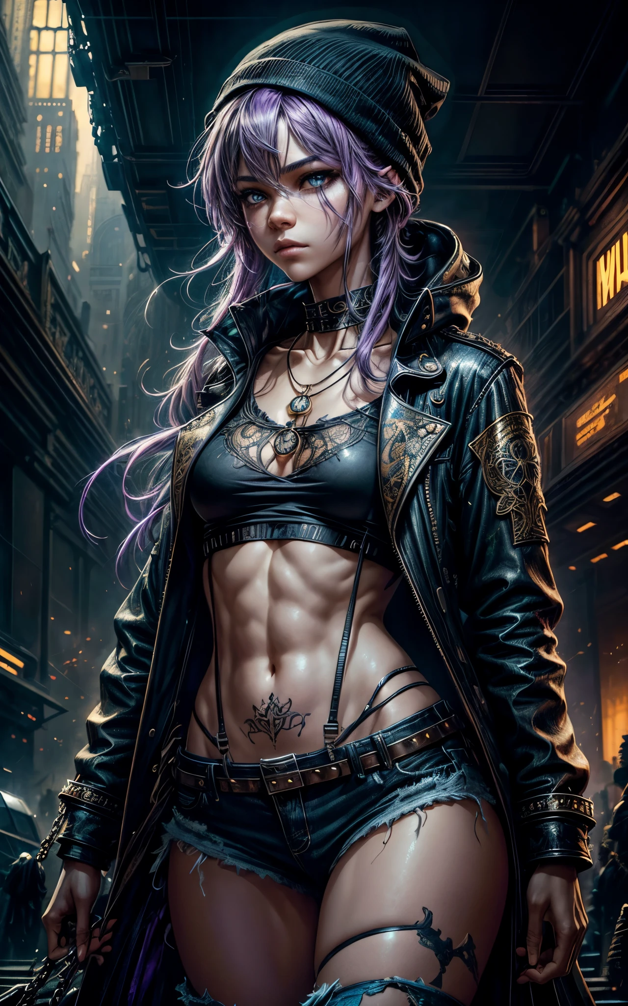 (zendaya), at the the Grand Central Terminal, cinematic, medium shot, whole head in frame, detailed face, detailed eyes, evening, punk aesthetic, pale blue ripped jeans, braces, suspenders, black boots, white shirt, skull, heart, necklace, chain, bullets, black leather jacket, dark blue beanie, tattoo sleeve, right arm, intricate design, flowers, yellowed skull, dyed hair, light purple roots, blue ends, navy T-shirt, rock, chick, messy hair, Full body, Beautiful anime waifu style girl,hyperdetailed painting, luminism, art by Carne Griffiths and Wadim Kashin concept art, dark background, abstract beauty, approaching perfection, pure form, golden ratio, minimalistic, dark atmosphere, unfinished, concept art, by Brian Froud and Carne Griffiths and Wadim Kashin and John William Waterhouse, intricate details, 8k post production, high resolution, hyperdetailed, trending on artstation, sharp focus, studio photo, intricate details, highly detailed, by greg rutkowski