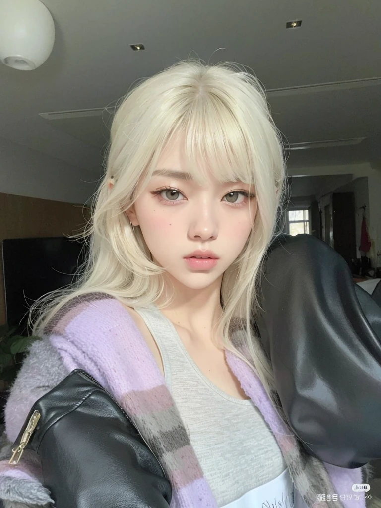 Mujer araffe con cabello rubio y camisa gris posando para una foto., flequillo blanco, Lalisa Manobal, cabello con flequillo blanco, con flequillo completo, parque roseanne de blackpink, pelo largo y blanco y flequillo, con flequillo, peinado de corte hime blanco, flequillo esponjoso, muchacha coreana, very very pale blonde hair, ulzzang, su cabello es blanco