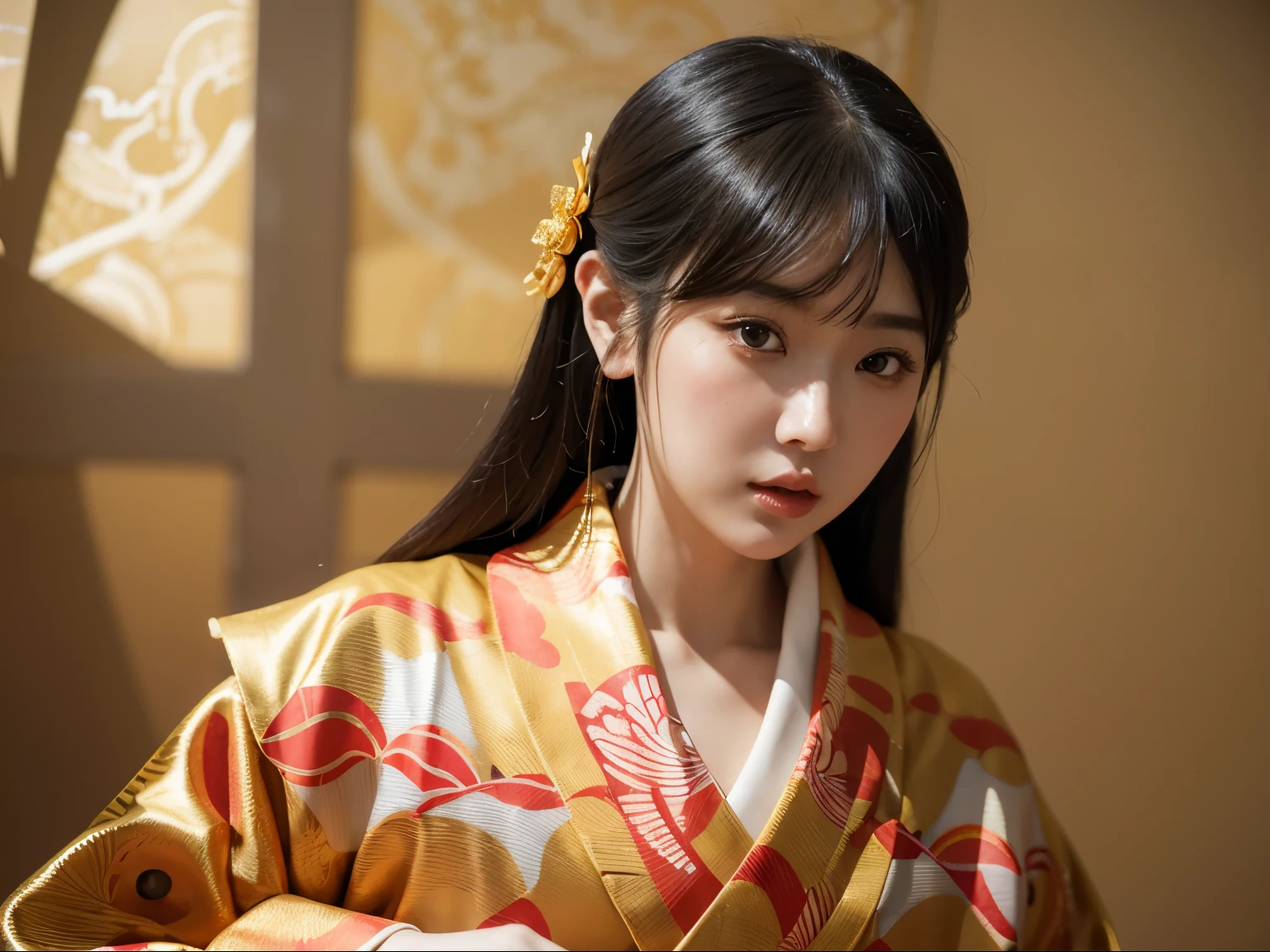 A beautiful femme fatale, upper body portrait, kimono, by Ilya Kuvshinov and Miho Hirano and Naomi Okubo, dangerously alluring, gilded gold, kirigami patterns, japonisme ukiyo-e background, kaleidoscopic, rich vibrant colors, --ar 9:16 --s 1000 --q 2 --v 5