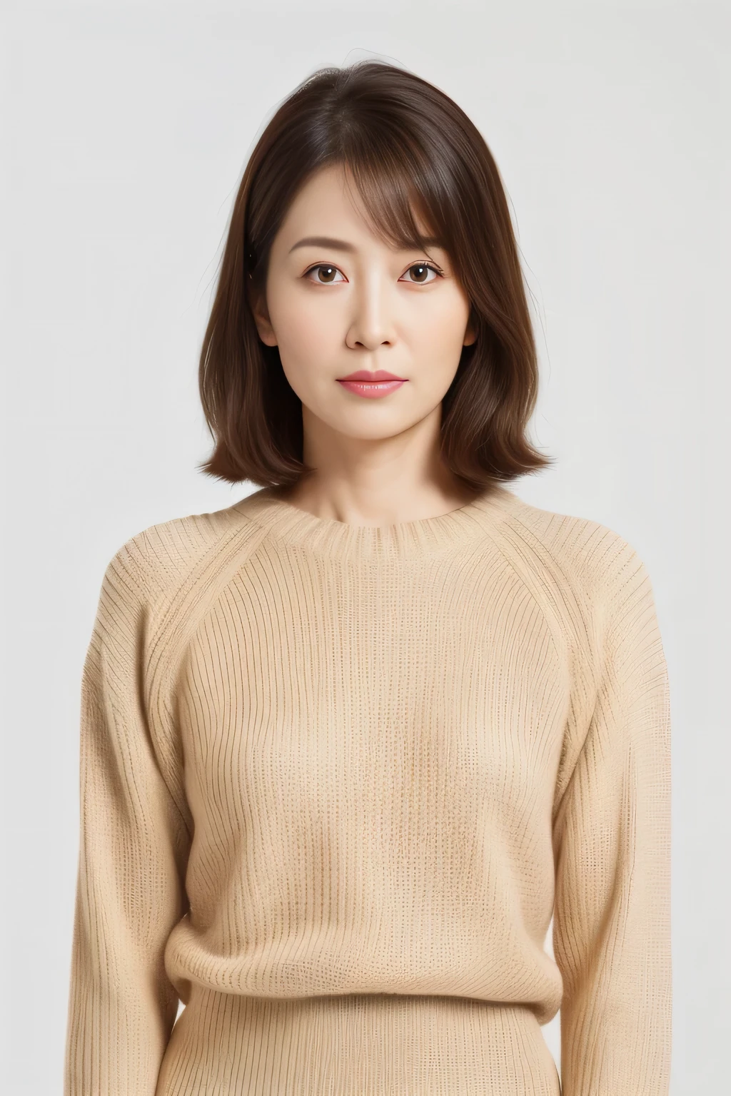 Masseter muscle part, highest quality, masterpiece, High resolution, Photoreal, RAW photo, 8k wallpaper, perfection, professional lighting, very detailed, written boundary depth,pale plain background, ((One beautiful Japanese mature woman)), ((40 years old)), women sexy, detailed face, beautiful eyes, bangs, well-shaped small breasts, light brown straight hair, faint lips, ((stand in front、look at the audience, serious face eyes.)),sweater, skirt, legs protrude from frame