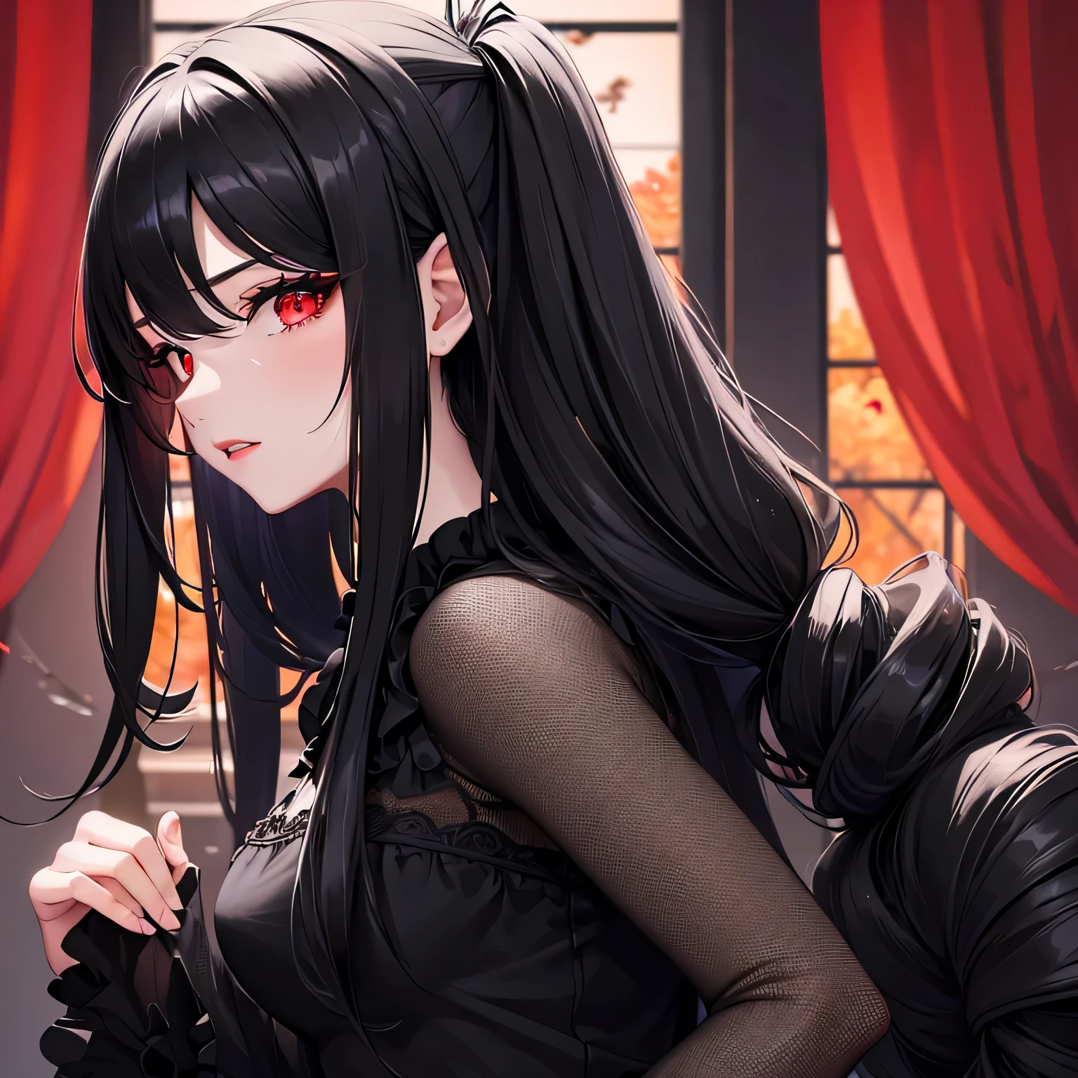 1 girl,Depp's Sense,confused,catch light,Super beautiful illustration,(black color,long hairstyles:1.6),dark dark eyeshadow,bright red lipstick,Gothic Lolita,Upper body,;d,beautiful and delicate hair,delicate and detailed red eyes,red light effect