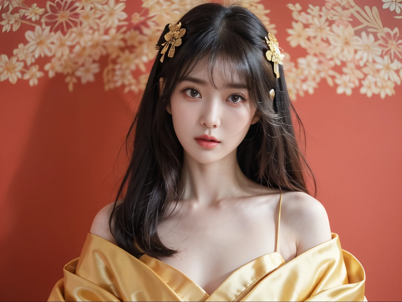 A beautiful femme fatale, upper body portrait, kimono, by Ilya Kuvshinov and Miho Hirano and Naomi Okubo, dangerously alluring, gilded gold, kirigami patterns, japonisme ukiyo-e background, kaleidoscopic, rich vibrant colors, --ar 9:16 --s 1000 --q 2 --v 5