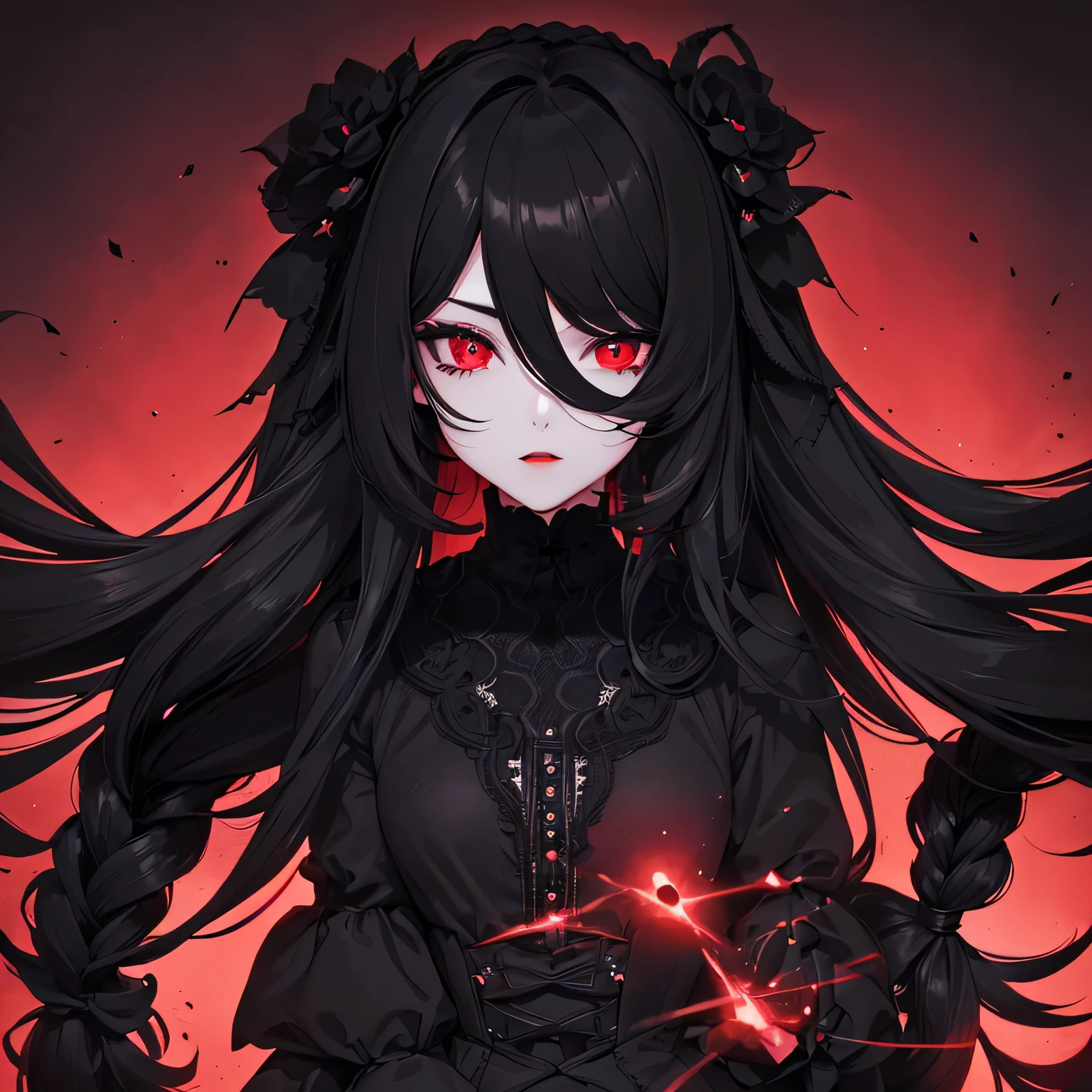 1 girl,Depp's Sense,confused,catch light,Super beautiful illustration,(black color,long hairstyles:1.6),dark dark eyeshadow,bright red lipstick,Gothic Lolita,;d,beautiful and delicate hair,delicate and detailed red eyes,red light effect,look around