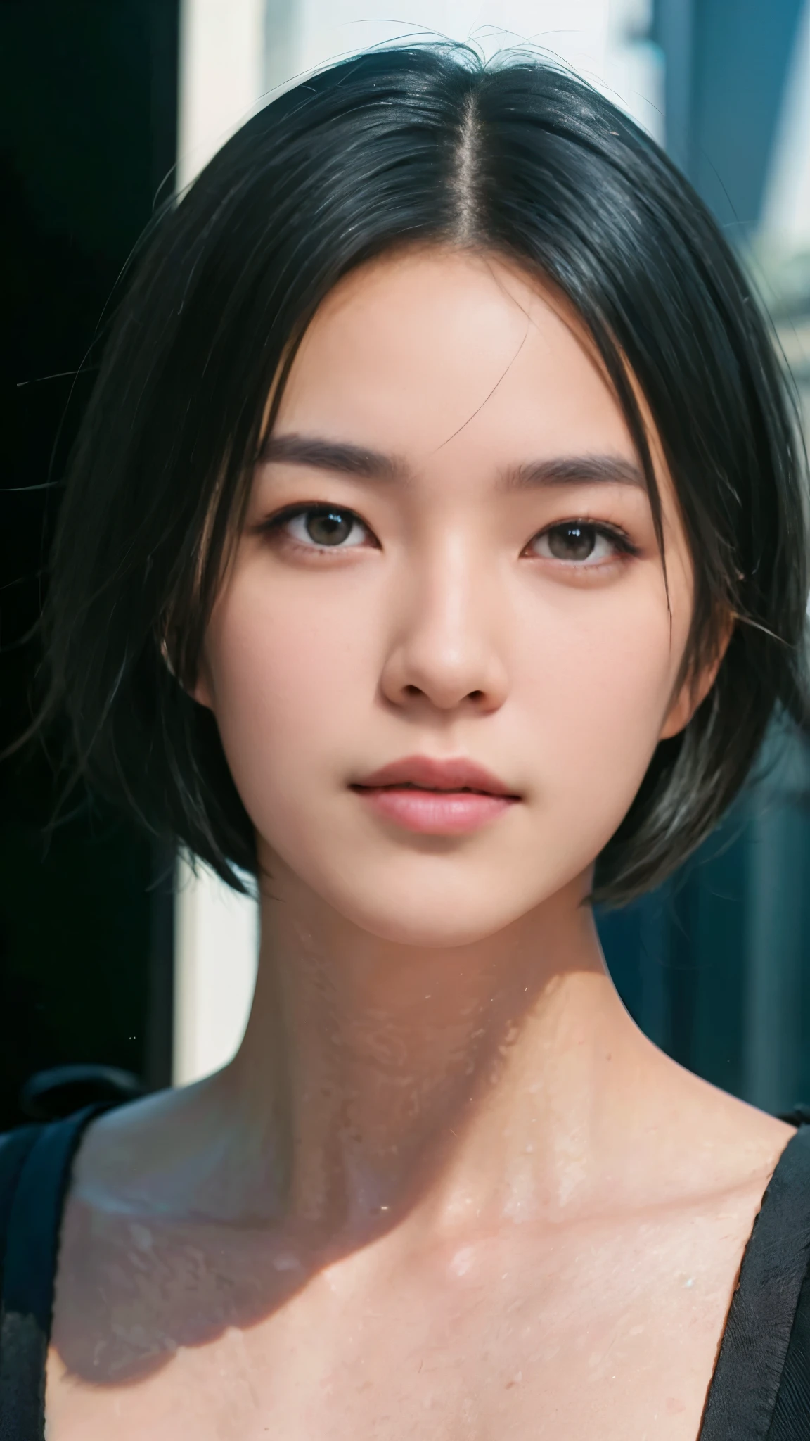 1 woman, beautiful face, beautiful eyes, black eyes, black hair, short hair, facing forward, full photo, high resolution, ultrasharp, 8K, masterpiece, view audience, copyright