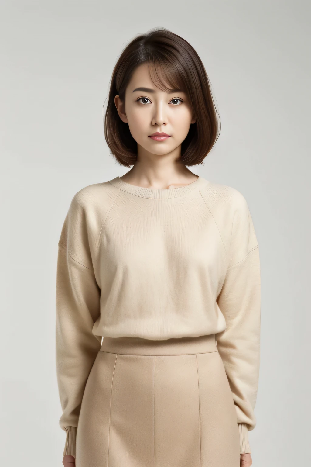 Masseter muscle part, highest quality, masterpiece, High resolution, Photoreal, RAW photo, 8k wallpaper, perfection, professional lighting, very detailed, written boundary depth,pale plain background, ((One beautiful Japanese mature woman)), ((20-year-old)), women sexy, detailed face, beautiful eyes, bangs, well-shaped small breasts, light brown straight hair, faint lips, ((stand in front、look at the audience, serious face eyes.)),sweater, skirt, legs protrude from frame