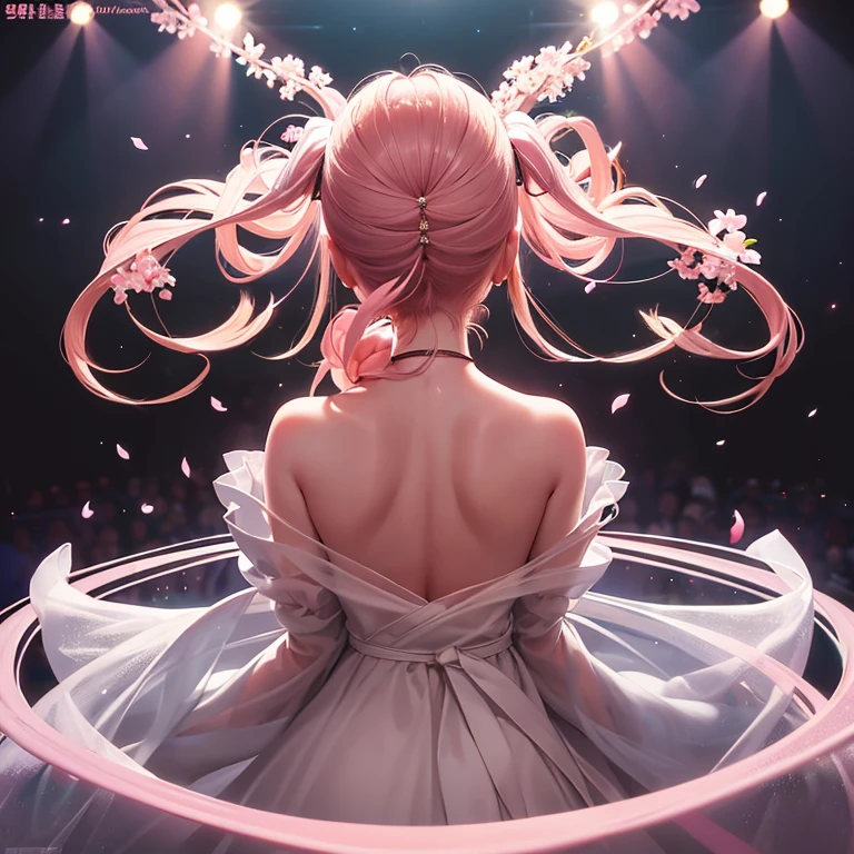 Hatsune Miku has blonde hair in vertical curls and wears a pink princess-like dress.。noble