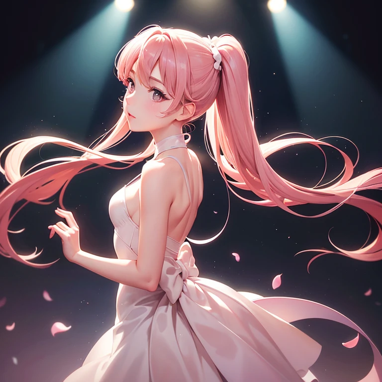 back view, soft attractive beautiful, Delicate clavicle, oval face, Double eyelids, intelligent peach blossom eyes, Pink lips, small nose, close up face, singer, stage show. Ultra high definition, ultra definition, full body photo, Ultra fine light transmission.