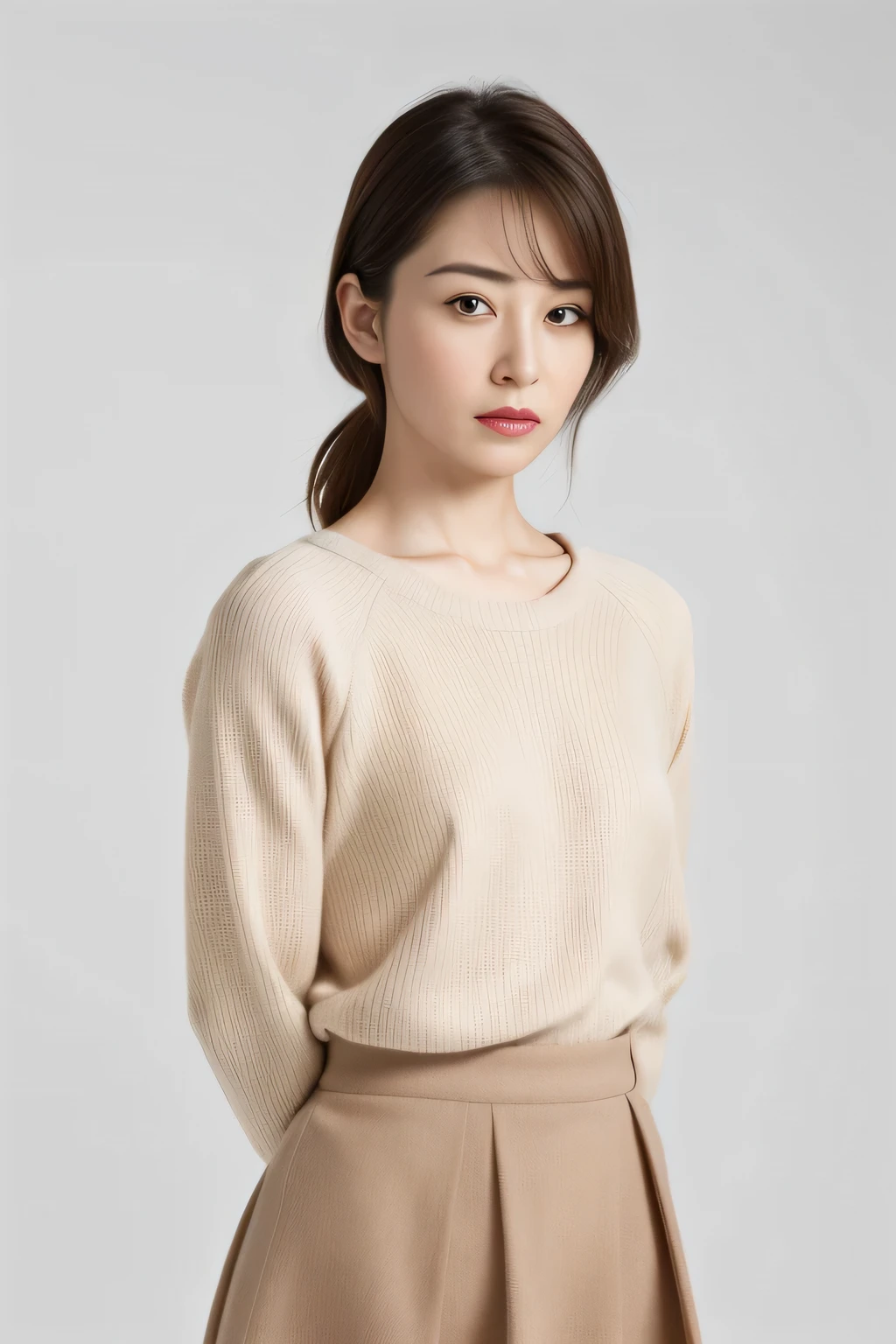 Masseter muscle part, highest quality, masterpiece, High resolution, Photoreal, RAW photo, 8k wallpaper, perfection, professional lighting, very detailed, written boundary depth,pale plain background, ((One beautiful Japanese mature woman)), ((20-year-old)), women sexy, detailed face, beautiful eyes, bangs, well-shaped small breasts, light brown straight hair, faint lips, ((stand in front、look at the audience, serious face eyes.)),sweater, skirt, legs protrude from frame