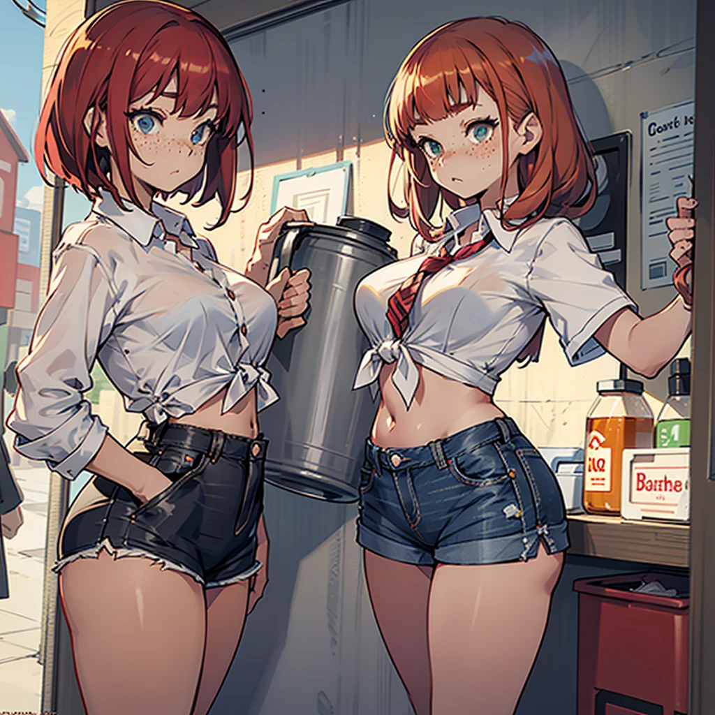 masterpiece, 4K, be familiar with, extreme be familiar with, HD, cowboy shot, cowboy, Jeans Shorts, short shorts, White Button Down, tied white buttoned shirt, button shirt, white shirt, Cowgirl, have, cowboy have, redhead, ginger hair, freckles, thick, wide hips, big breasts, slim waist, thick thighs, brown cowboy have, 10 gallon have, short redhead, small tied shirt, shirt knot, belly button, belly button shown