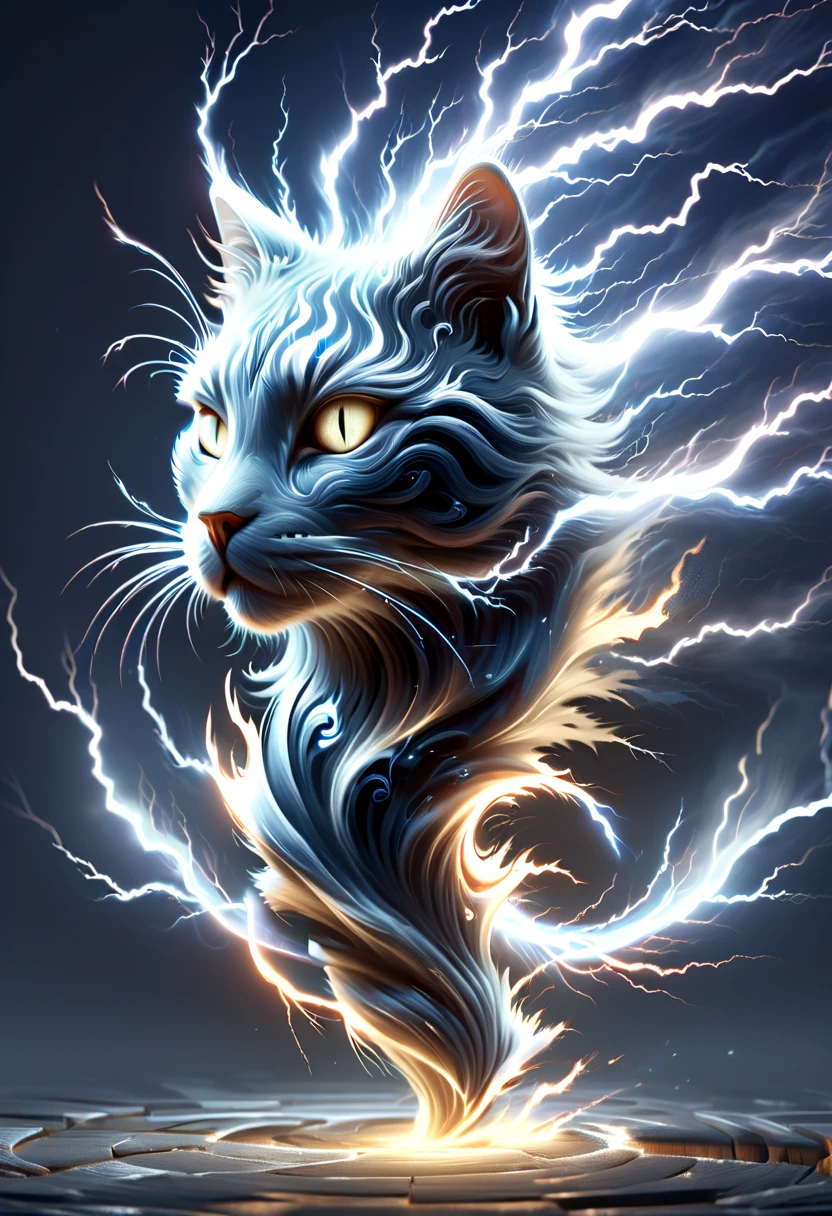 (Optical Illusion:1.4), a cat made of thunder, concept art, (best quality, masterpiece, Representative work, official art, Professional, 8k)