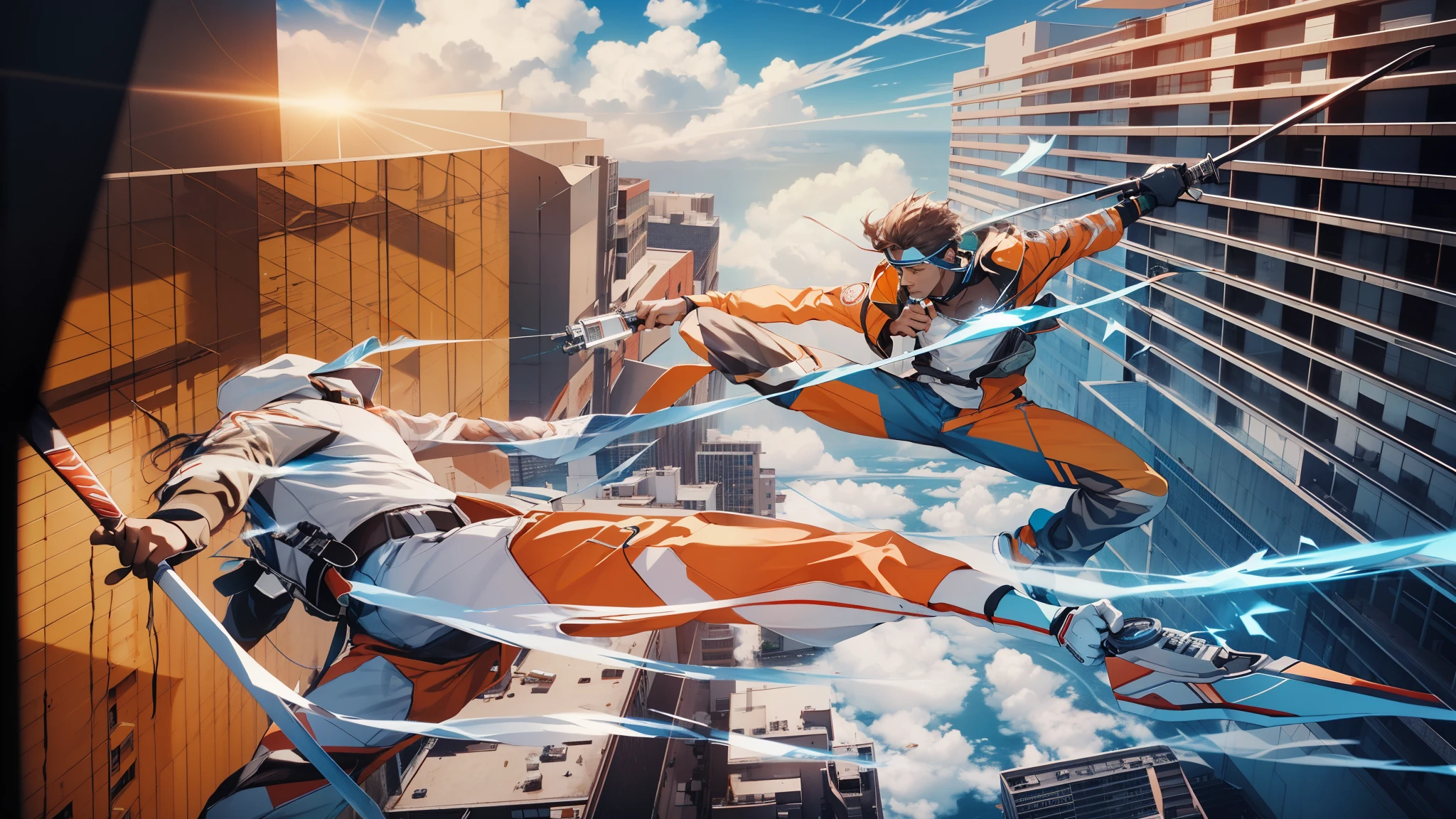 Capture the breathtaking moment as a young, dark-skinned man wearing glasses, dressed in a crisp white windbreaker hoodie, blue jeans, white basketball sneakers, holds katana sword fights a metal superhero wearing orange pants while falling out of a skyscraper. This RAW masterpiece showcases an ultra-high resolution, photorealistic full-body portrait, illuminated by the warm glow of sunlight. The scene is rendered in the captivating style of mecha sci-fi anime, boasting an impressive 8K resolution for the best quality imagery. Crafted with Unreal Engine 1.4, this piece features ultra-realistic 64K CG, skin texture at 1.4, and volumetric fog to add depth and atmosphere. The details are further enhanced with 8K UHD, DSLR quality, film grain, and the artistic touch of lomography. The result is a stunning blend of high-quality visuals, translucent effects, and photorealism that truly captivates the viewer.
