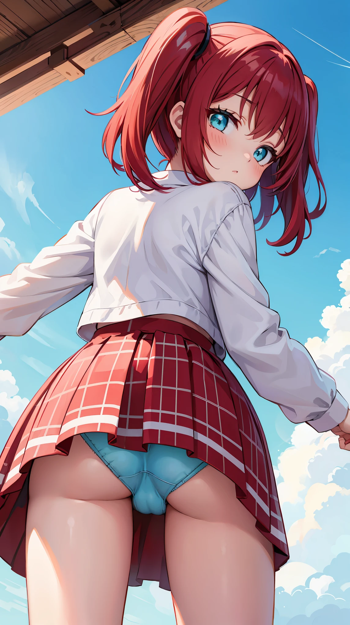 (()), ruby kurosawa, aqua eyes, medium hair, red hair, two side up, twintails, , (((from below))), can i see her panties), blue panty, ((from behind))