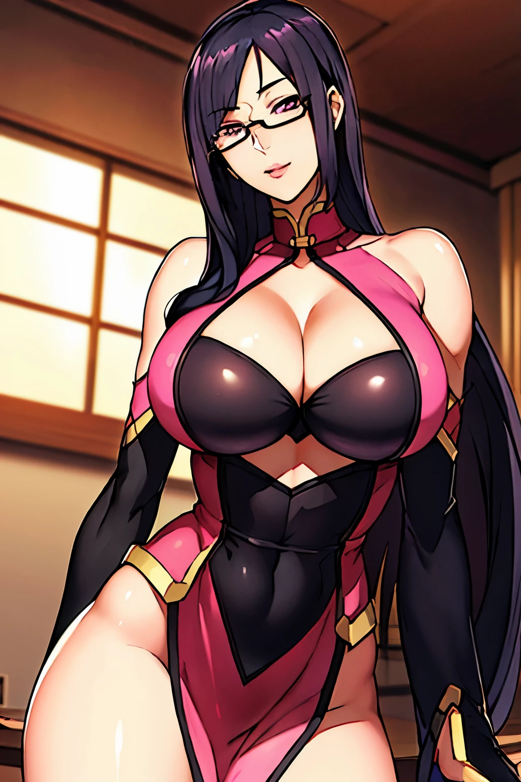 indoor, (standing), (potrait body), (sexy pose), smiling, (pink dress), chinese clothes, cleavage cutout, clothing cutout, bare shoulders, semi-rimless eyewear, black hair, very long hair,purple eyes, 1 girl, 20yo,Young female,Beautiful Finger,Beautiful long legs,Beautiful body, Beautiful Nose,Beautiful character design, perfect eyes, perfect face,expressive eyes,perfect balance, looking at viewer,(Focus on her whole boy), official art,extremely detailed CG unity 8k wallpaper, perfect lighting,Colorful, Bright_Front_face_Lighting,White skin, (masterpiece:1.0),(best_quality:1.0), ultra high res,4K,ultra-detailed, photography, 8K, HDR, highres, absurdres:1.2, Kodak portra 400, film grain, blurry background, bokeh:1.2, lens flare, (vibrant_color:1.2),professional photograph, (Beautiful,medium_Breasts:1.4), (beautiful_face:1.5),(high detailed face), tempting women