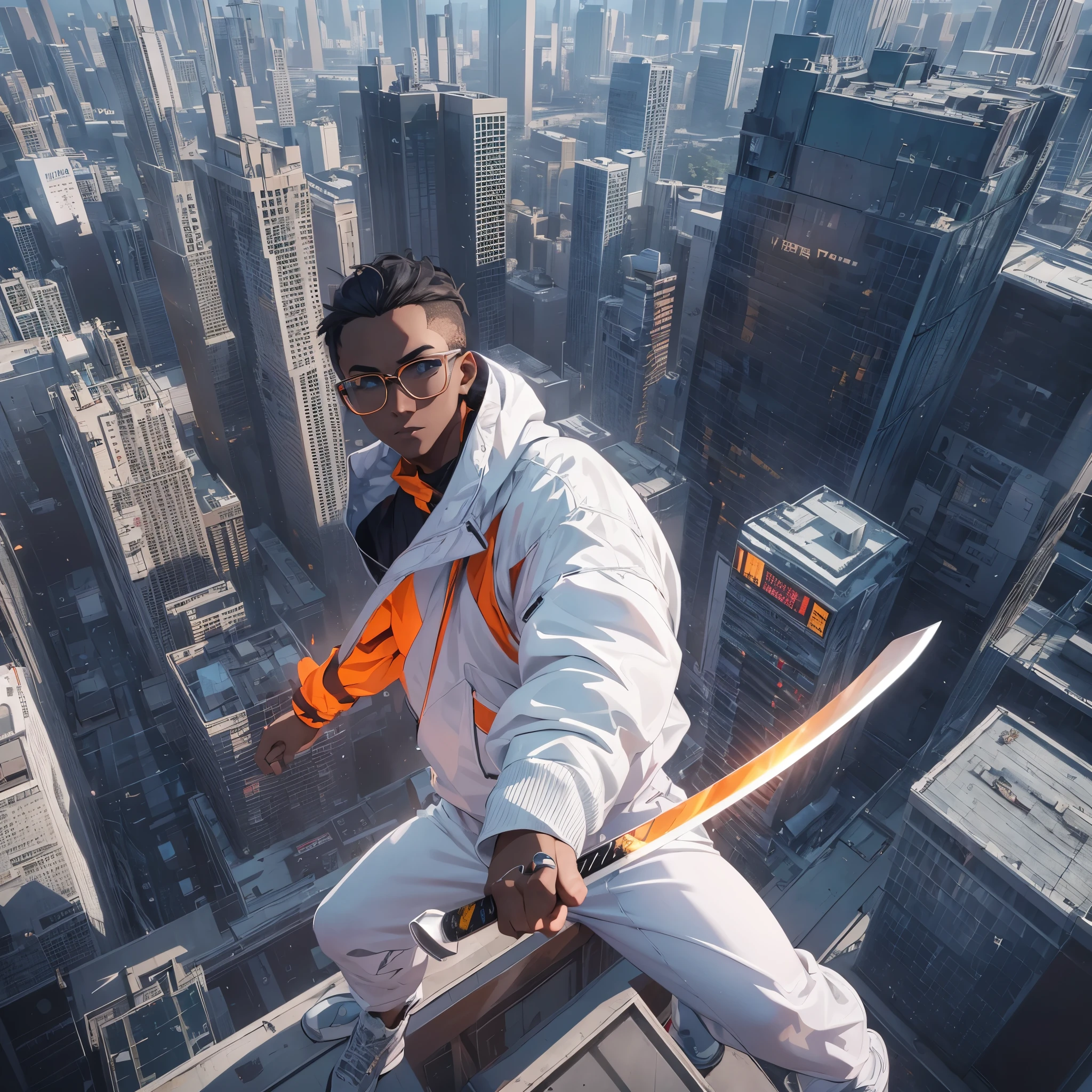 Capture the breathtaking moment as a young, dark-skinned man wearing glasses, dressed in a crisp white windbreaker hoodie, blue jeans, white basketball sneakers, holds katana sword fights a metal superhero wearing orange pants while falling out of a skyscraper. This RAW masterpiece showcases an ultra-high resolution, photorealistic full-body portrait, illuminated by the warm glow of sunlight. The scene is rendered in the captivating style of mecha sci-fi anime, boasting an impressive 8K resolution for the best quality imagery. Crafted with Unreal Engine 1.4, this piece features ultra-realistic 64K CG, skin texture at 1.4, and volumetric fog to add depth and atmosphere. The details are further enhanced with 8K UHD, DSLR quality, film grain, and the artistic touch of lomography. The result is a stunning blend of high-quality visuals, translucent effects, and photorealism that truly captivates the viewer.