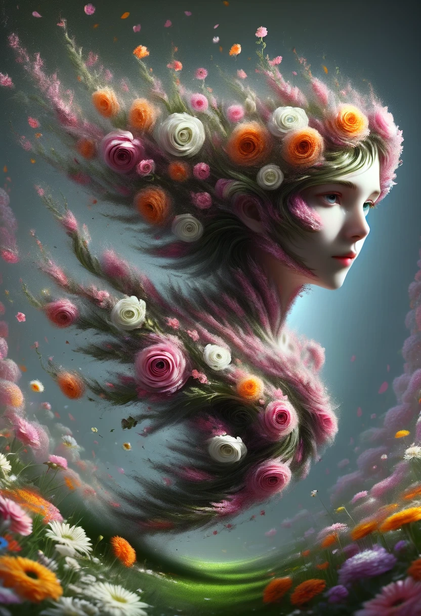 (Optical Illusion:1.4), a girl made of flowers, concept art, (best quality, masterpiece, Representative work, official art, Professional, 8k)
