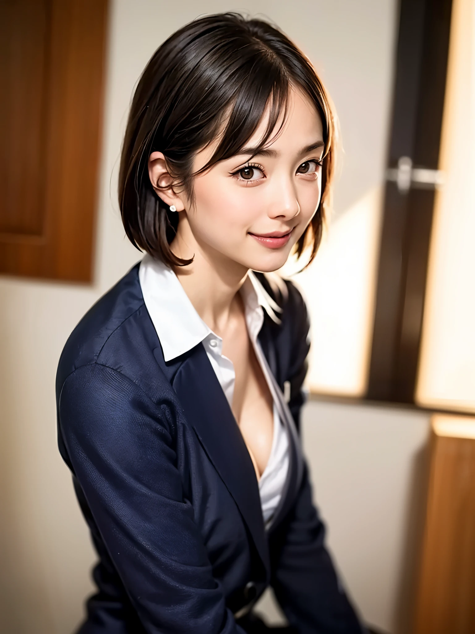 (((leaning forward:1.8,bent over:1))),Inside a suit shop,(The skin is wet from sweat:1.2),(Wearing a shirt:1.5),looking at the camera,Cleavage,A big smile,Skirt Lift、Lift your skirt with your hands,woman, 20-year-old, Short Hair、bangs、(Plain suit skirt),(White lace panties)、Cute earrings,Natural lighting