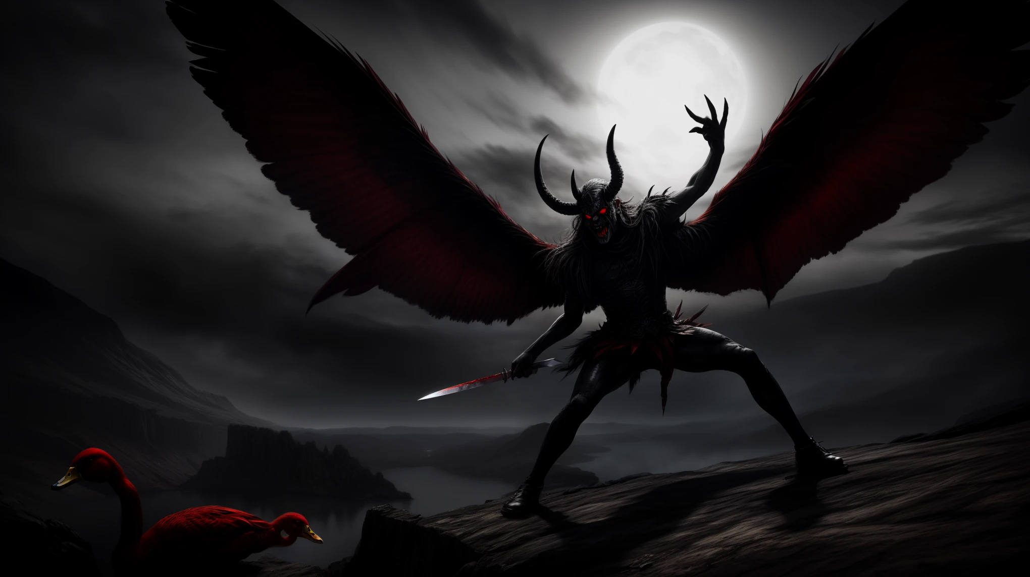  Intricately detailed demon with menacing features stabbing a red duck in a unique and dramatic manner. The scene is set in a dark and eerie landscape with a mysterious atmosphere. The demon has glowing red eyes and a menacing grin, while the weapon used for the stabbing is sharp and distinctive. Feathers are shown flying in the air, adding a sense of action to the composition. The lighting is eerie, creating dark shadows and dramatic contrast.