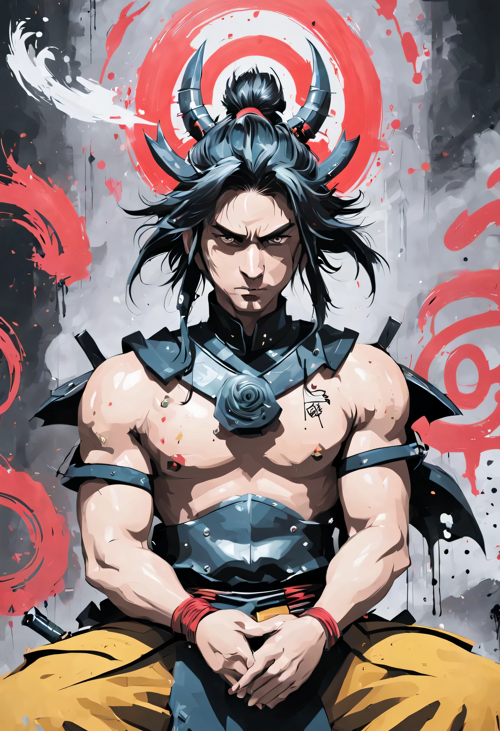 Illustration, comic book cover, meditating, samurai gods, samurai royalty, samurai manga art style, character spray painting image, art supplies, music equipment, aerosol can, krylon, different angles, modern, hip-hop, hip hop, spray painting, graffiti, samurai manga art inspired,

