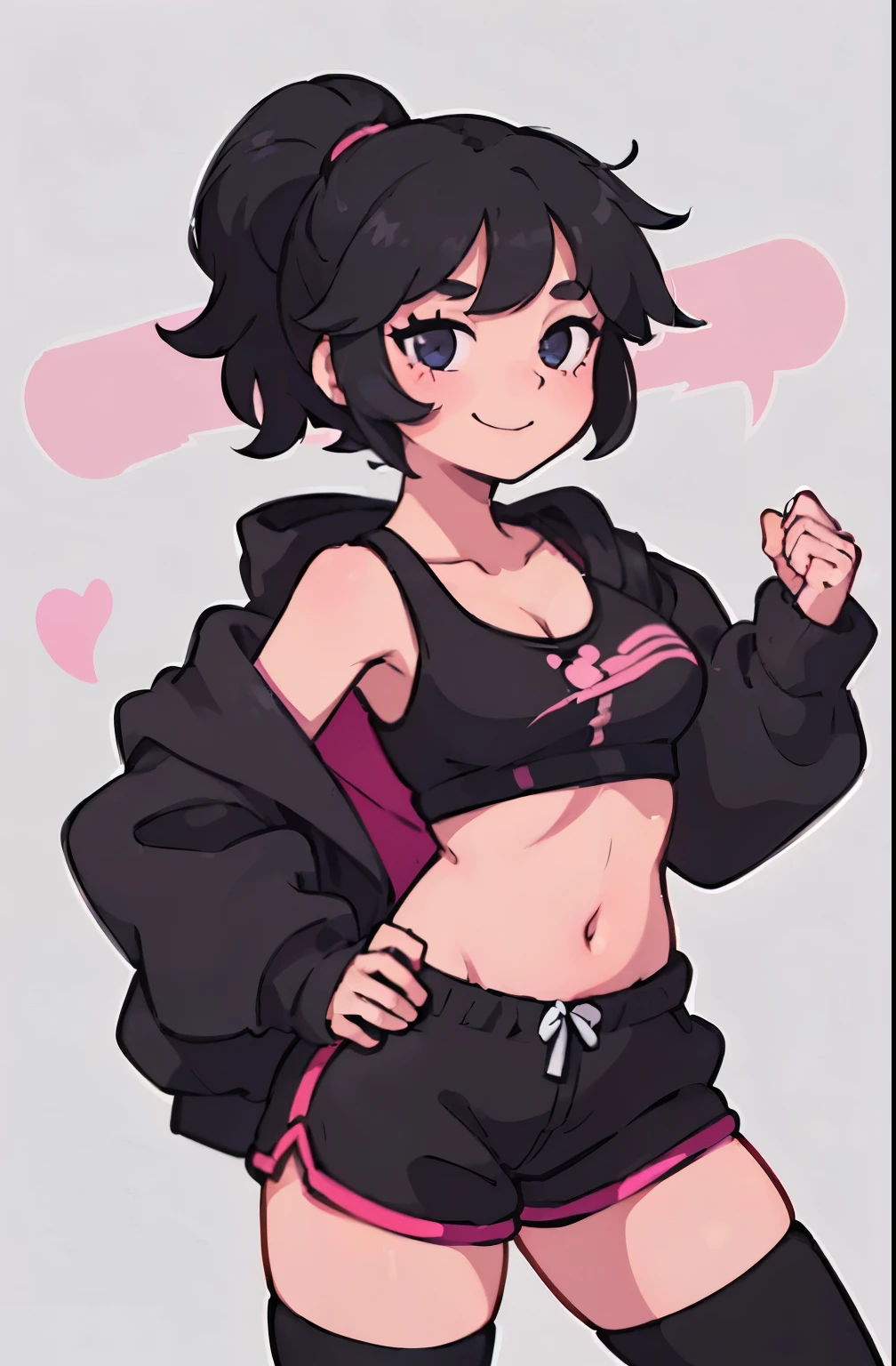 A short girl with short floofy black hair with one strip going onto her shoulder she has pink eyes, and wears a black croptop with a heart shaped hole showing part of her cleavage in the middle and a black unzipped hoodie gym shorts and a black and white thigh highs, smiling cutesy