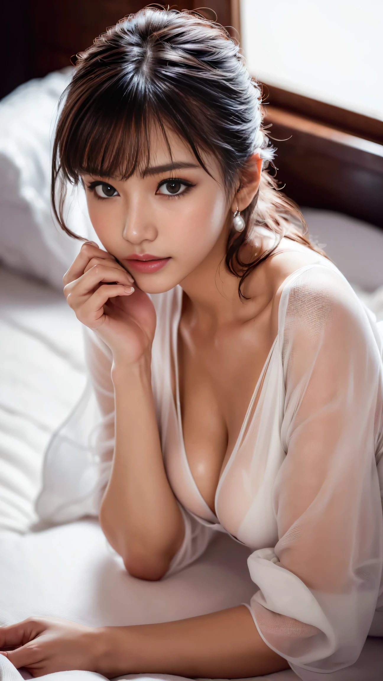 ((Girl wearing white yukata, see through, BIBE, cleavage, lying down:1.5, on futon sheets :1.3, from above:1.3, ryokan, indoor, face focused:1.2, hands out of frame:1.15, extremely beautiful faces, Japanese idols, looking at viewer:1.4, detailed face:1.3 cute face, detailed eyes:1.2, undressing:1.1, ashamed, embarrassed:1.3, chuckles, shy:1.1,  shiny skins, face focused, hot steam, medium shot,  eyes, upturned eyes:1.15, small , slender body)), ((Masterpiece, 8k, raw photo, high resolution, delicate skin, detailed face, ultra detailed, cinematic, photorealistic, soft lighting, dark room)),