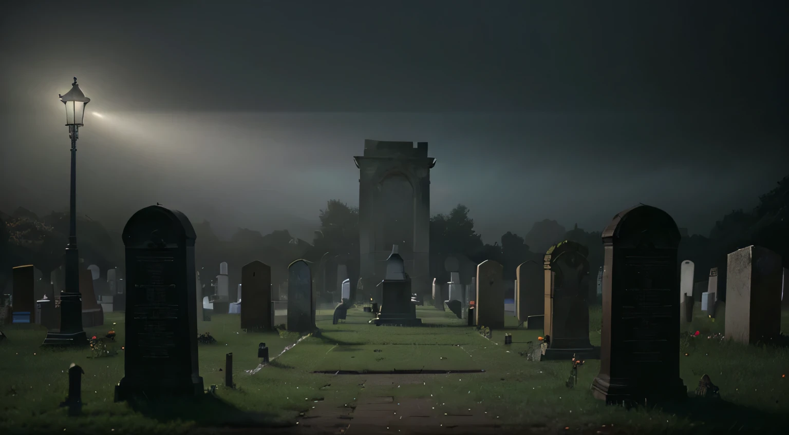 a gloomy cemetery with fog by craig mullins, consumed by time and neglect, the atmosphere is heavy with a sense of sorrow and impending doom, concept art, artstation, trending on instagram, 8 k, ultra detailed, award winning, , beams of light, night, (intricate details), (hyperdetailed), 8k hdr
