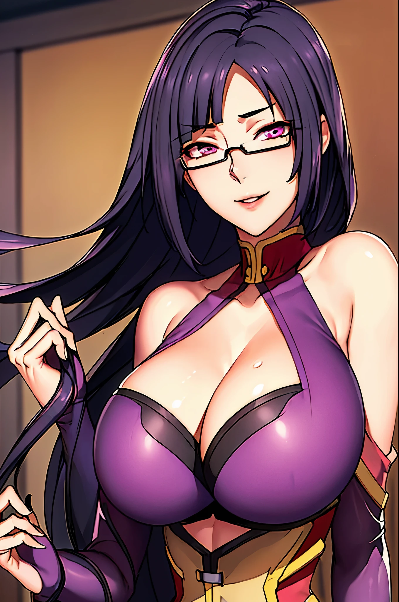 indoor, (standing), (potrait body), (sexy pose), smiling, (pink dress), chinese clothes, cleavage cutout, clothing cutout, bare shoulders, semi-rimless eyewear, black hair, very long hair,purple eyes, 1 girl, 20yo,Young female,Beautiful Finger,Beautiful long legs,Beautiful body, Beautiful Nose,Beautiful character design, perfect eyes, perfect face,expressive eyes,perfect balance, looking at viewer,(Focus on her whole boy), official art,extremely detailed CG unity 8k wallpaper, perfect lighting,Colorful, Bright_Front_face_Lighting,White skin, (masterpiece:1.0),(best_quality:1.0), ultra high res,4K,ultra-detailed, photography, 8K, HDR, highres, absurdres:1.2, Kodak portra 400, film grain, blurry background, bokeh:1.2, lens flare, (vibrant_color:1.2),professional photograph, (Beautiful,medium_Breasts:1.4), (beautiful_face:1.5),(ultra detailed face), tempting women