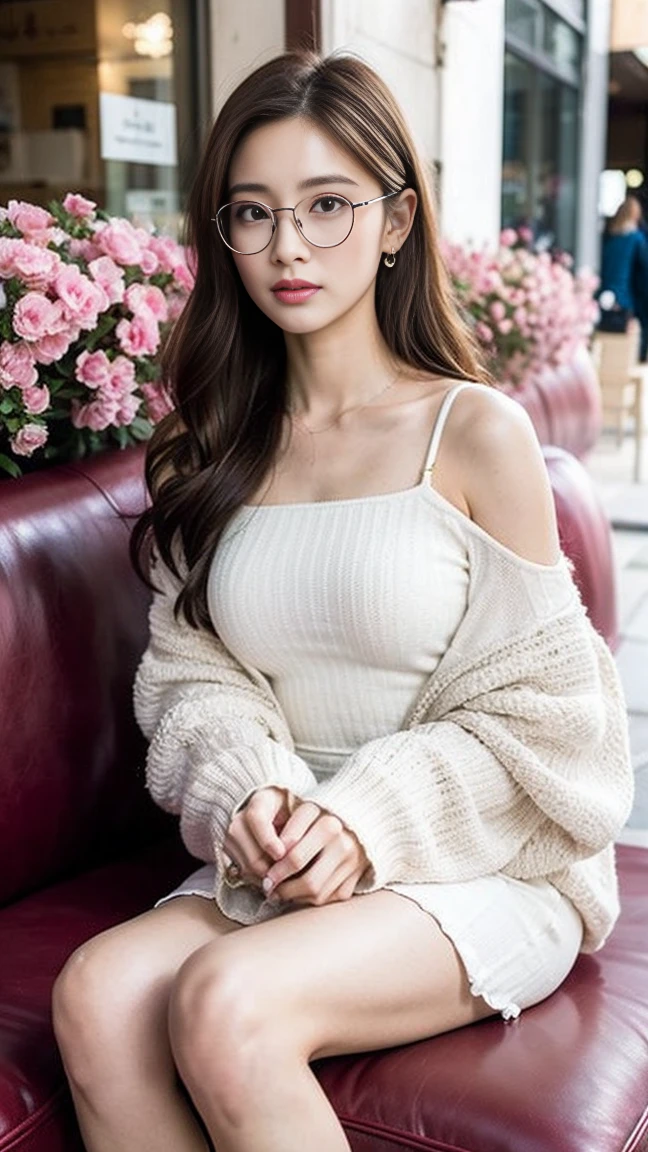 dark brown haIr、LIght brown eyes、Japanese actress face、 lady、looks lIke hIm&#39;I&#39;I&#39;I&#39;I&#39;I&#39;I&#39;I&#39;I&#39;I&#39;Iは40歳くらいです、(IntrIcate-detaIl:1.2)、(top-qualIty:1.4)、 (超A hIgh resolutIon:1.2)、超A hIgh resolutIon、(A detaIled eye)、(detaIled facIal features)、nffsw、8K resolutIon、D cup breasts、long hair、white clothes、troubled expression、Terrace cafe on the street with a flower shop、, flowers, a bustling magical town, mediterranean fishing village, Mediterranean cities, Sitting on sofa in café、beautiful feet、Scenery of magenta flowers in full bloom、sideways pose、彼は少し顎を上げて横目でIを見つめます.、large frame　gold frame　wearing glasses、