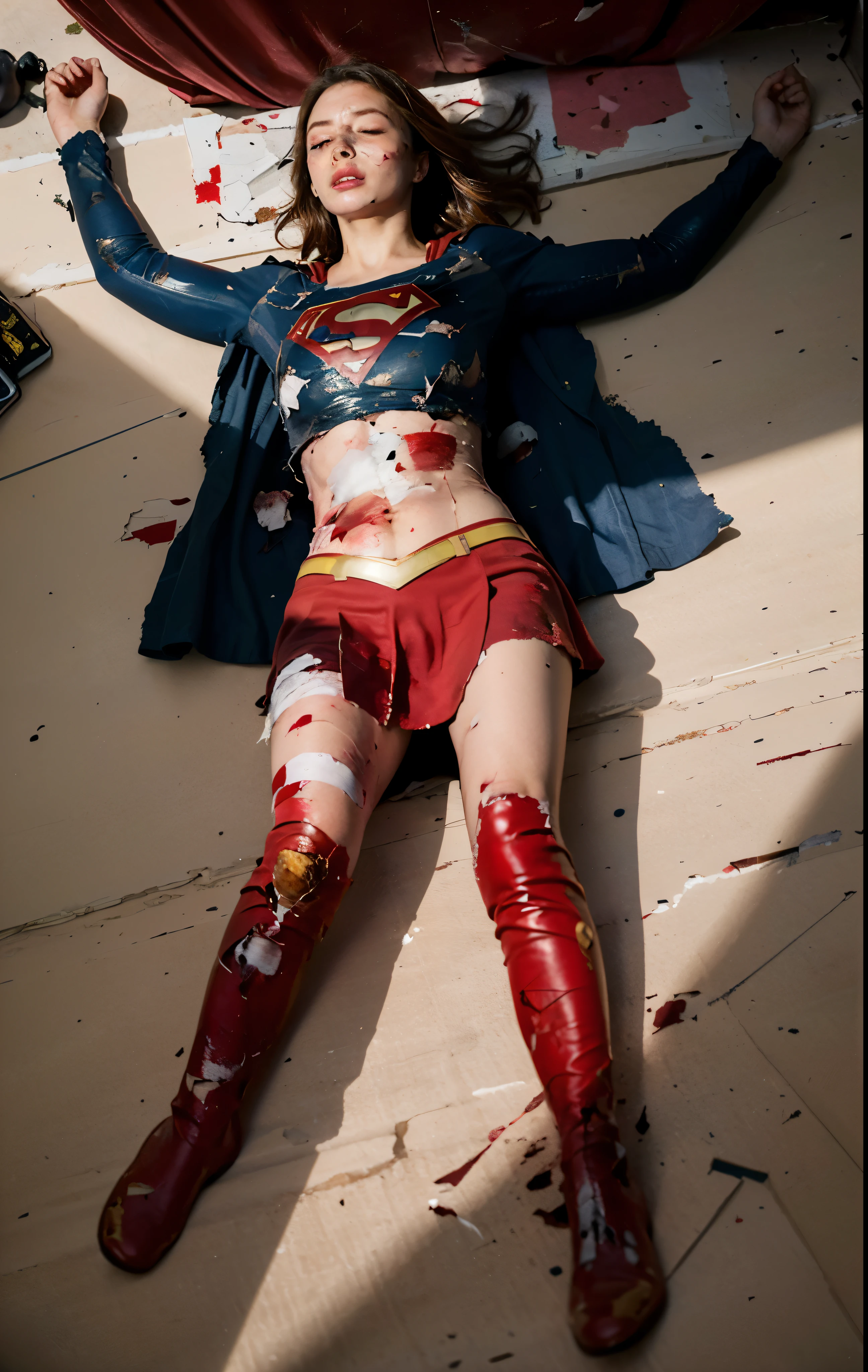 8k, best quality, real picture, intricate details, ultra-detailed, ultra highres, hyper detailed face, beautiful face, depth field,(photorealistic,realistic:1.2), masterpiece, photo of 1girl, Supergirl costume, (strong body of superhero), arms on hips, realistic, red cape, bodysuit, red skirt, torn clothes, (tattered:1.5), red boots, pantyhose, (blonde hair), long hair, solo, ((lying on back:1.8)), (eyes close:1.9), defeated from fighting, (painful:1.6), ((wounded:1.7)), rich colors, hyper realistic, lifelike texture, dramatic lighting, unreal engine, ((whole body)), (hanging), (torture), (crucified), (confined), (restrain),
