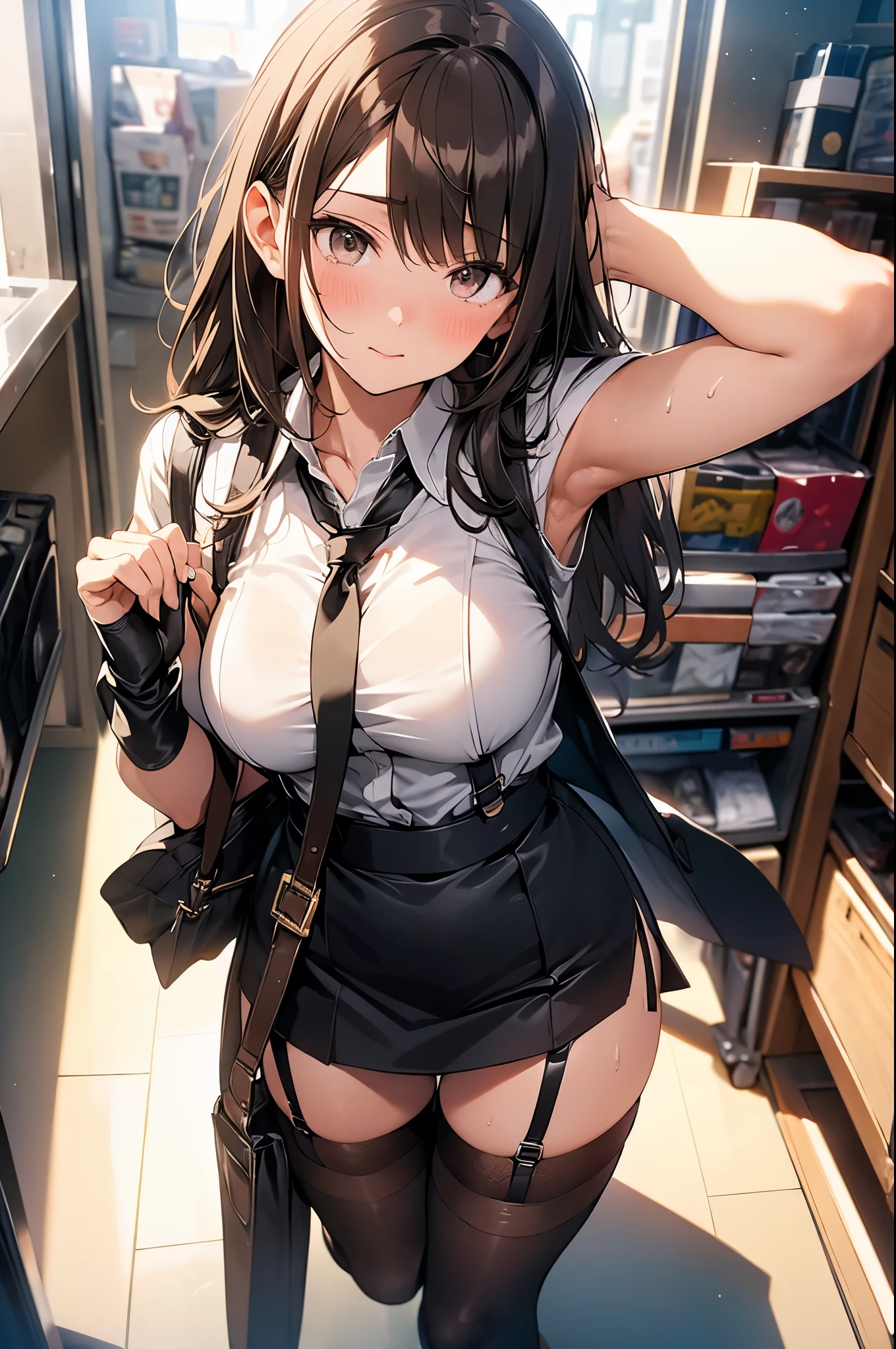 brown hair、looking at the viewer　　suspenders　　　Bulging big breasts　　 　 　　　　Black miniskirt　garter belt　knee high socks　　　　　　Gaze　　　small face　bangs 　　　　　Beauty　　hands up　　 　Gaze 　black boots 　provocation　　armpit sweat　one person 　　put your hands behind your back　cutter shirt　　Panty shot