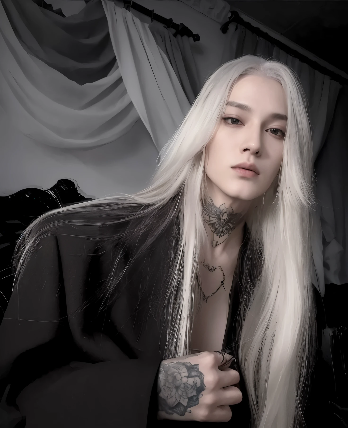 TAEHYUNG com longos cabelos brancos and tattoos, com cabelos longos brancos, com longos cabelos brancos, cabelos longos platinados;, pale gothic beauty, HOMEM, PRINCEPE ANDROGENEO, cabelo loiro extremamente claro, Kim taehyung garoto de cabelos brancos perfeita, com longos cabelos loiros, extremely pale white skin, inspirado em Tae Hyung, grupo BTS, com cabelos loiros muito longos, his hair is white, cabelo longo loiro platinado;, longos cabelos lisos prateados
