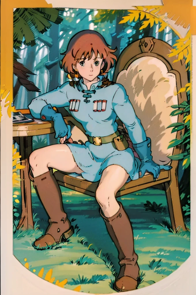 (masterpiece:1.4), (best qual:1.4), (High resolution:1.4), 1 girl, redhead, brown eyes, smile, Nausicaa, sit on a chair, No panties, high boots, colorful, whole body,Ghibli style