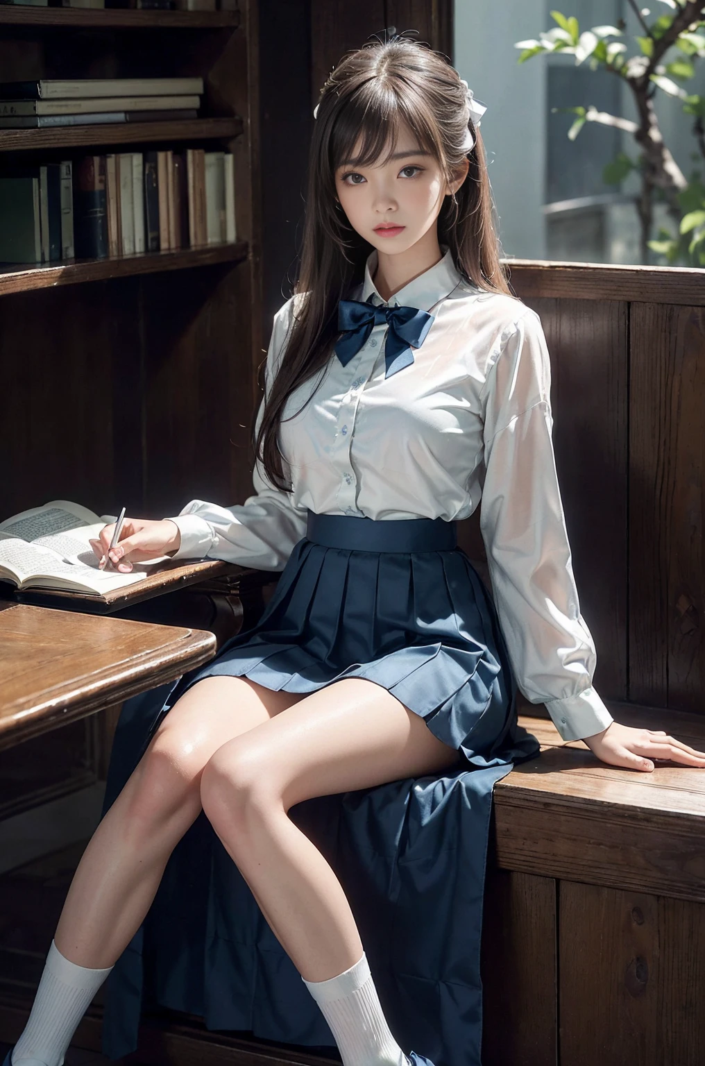 20 year old woman, (high top faded: 1.3), (low(low)), (soft focus), HD, masterpiece, HD, HD, 4K, 超HD, Very realistic shadows, Surrealism, 戏剧性的lamp光, a girl, alone, Detailed face, lifelike眼睛, lifelike皮肤, dynamic hair, dynamic poses, dynamic angle, (White shirt), (dark blue bow tie) , (((Dark blue long skirt)))), ((white hem socks))), library background, (original photo: 1.2), (lifelike: 1.4), beautiful and delicate woman, Extremely detailed eyes and face, beautiful and delicate eyes, Larger file size, 一个Very detailed的, high resolution, Very detailed, best quality, (bright interior), (soft light), (low对比度), ( see deeply), (Portrait of a beautiful woman illuminated by soft light), (Very delicate and elegant depiction), (short bangs), (Head color is dark chestnut，Slightly brownish), (Subtle and silky waves), (long hair两侧错综复杂地编织小辫子), ((white hem socks))), illustration, Very detailed, BAPV, unity, 8k wallpaper, amazing, Exquisite details, best quality, Highly detailed integrated 8K wallpapers so far this year, Coordinating Minister, lamp, 1 girl, 25 years old, (((No)), (camel toe), (half), (Sit on bent knees and legs)), long hair, dark theme, soothing tone, pastel colors, high contrast, (natural skin texture, Surrealism, soft light, No耐烦), Capturing the serene beauty of a young woman immersed in the peaceful atmosphere of a library.. Soft diffused light gently illuminates her features., It emphasizes her sophisticated look and creates a calm atmosphere. Library shelves filled with books，Provide background on knowledge and wisdom. It focuses on capturing models&#39;Natural charm and elegance, Stay calm and consider the nature of the moment. Cute 21 year old Japanese gravure model，Soft body, gray brown wavy hair, Decorate with ribbon, charming appearance. She wears a frilly white blouse, Blue ruffled skirt and white ruffled socks. sitting on bed, She hugged her knees，Staring at the camera, Exudes melancholy charm. Create scenes where beauty and ephemerality intertwine, national foundation